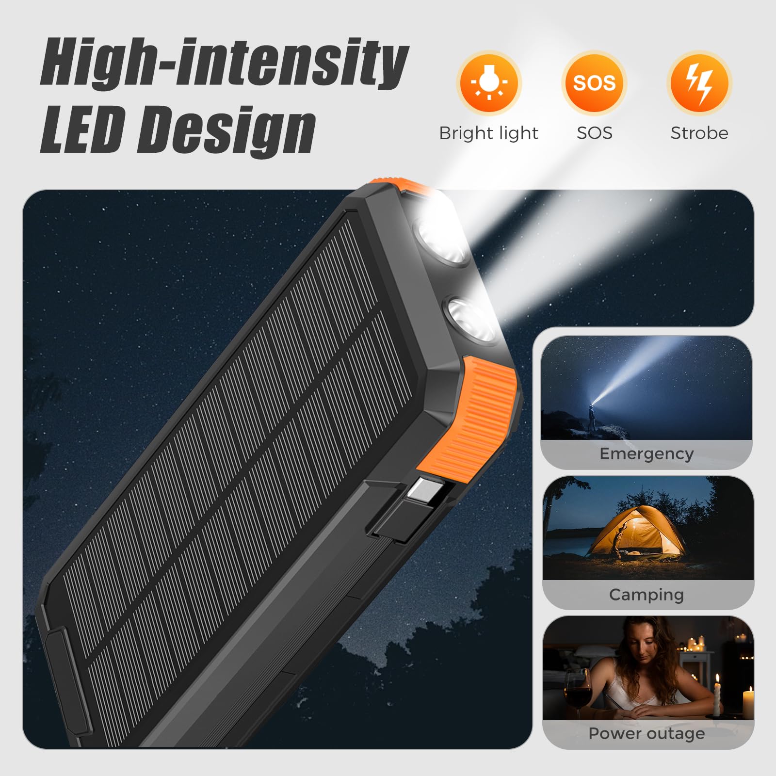 Super Power Bank Solar, Sestuplo Wireless 20000 mAh + LED Ad Alta Intensità + 3 Porte di Ricarica Rapida 22,5 W | Caricatore Solare | Caricatore Portatile | Batteria Solare
