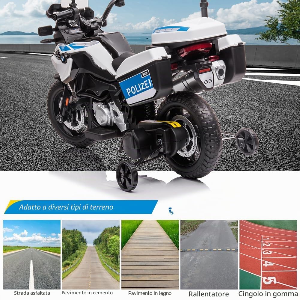 Ride On - Motocicletta della polizia, 12 V 7 Ah con licenza BMW per bambini a 2 velocità, fari LED, sospensioni, MP3, musica e ruote di supporto