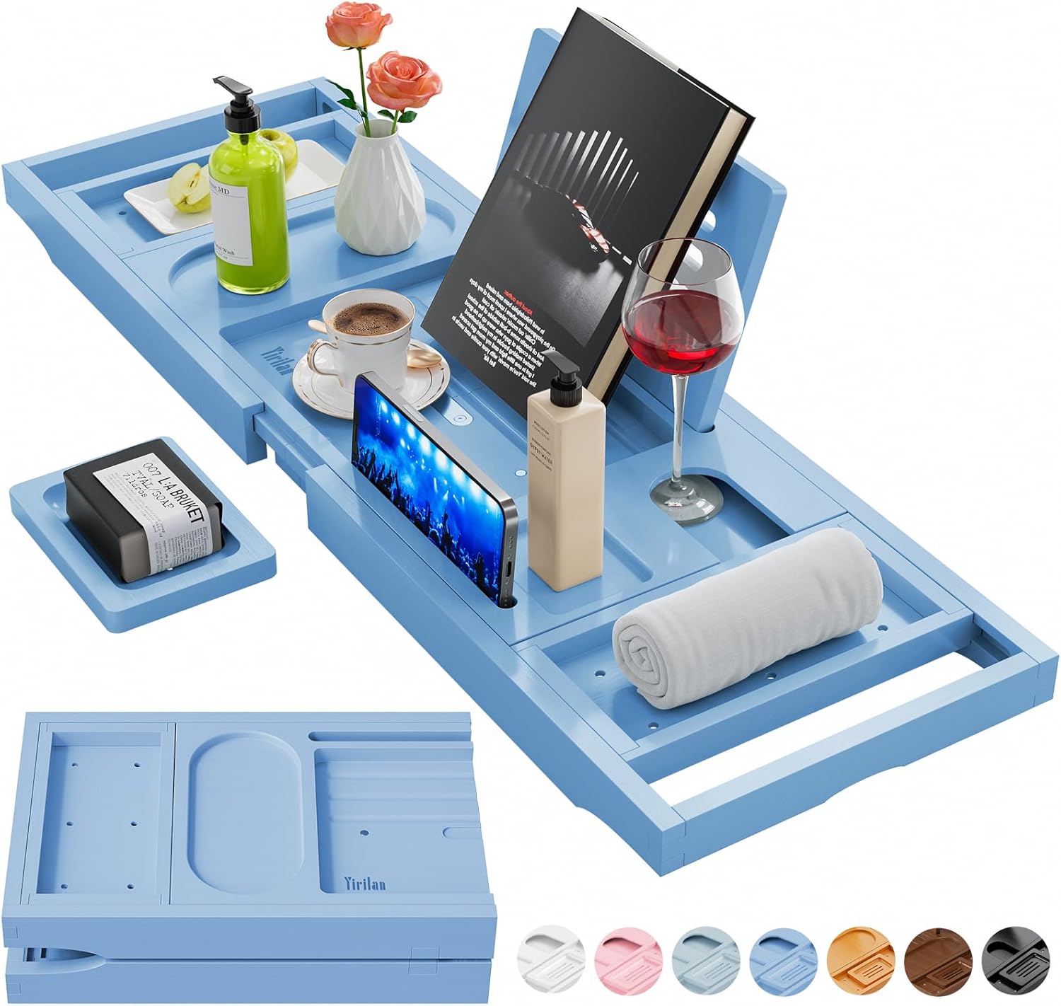 Yirilan Premium Bathtub Tray Caddy – Expandable Bath Tray – Unique House Warming Gifts, New Home, Anniversary & Wedding Gifts for Couple, Bridal Shower Gift for Women-Blue Yirilan Premium Bathtub Tray Caddy – Expandable Bath Tray – Unique House Warming Gifts, New Home, Anniversary & Wedding Gifts for Couple, Bridal Shower Gift for Women-Blue