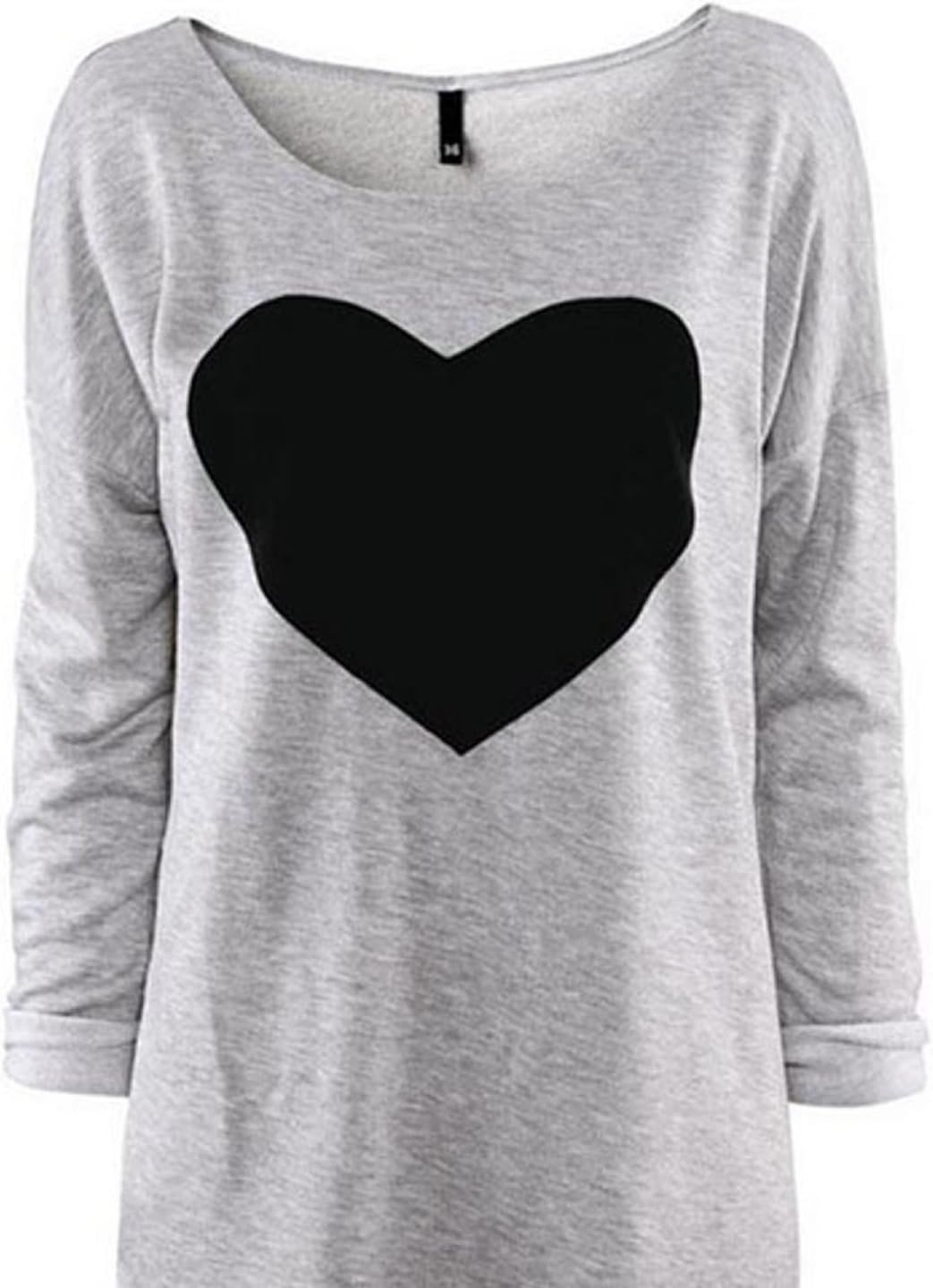 Springk Fashion Women Love Heart Printed Long Sleeved Round Neck T-Shirt Size 12,Gray