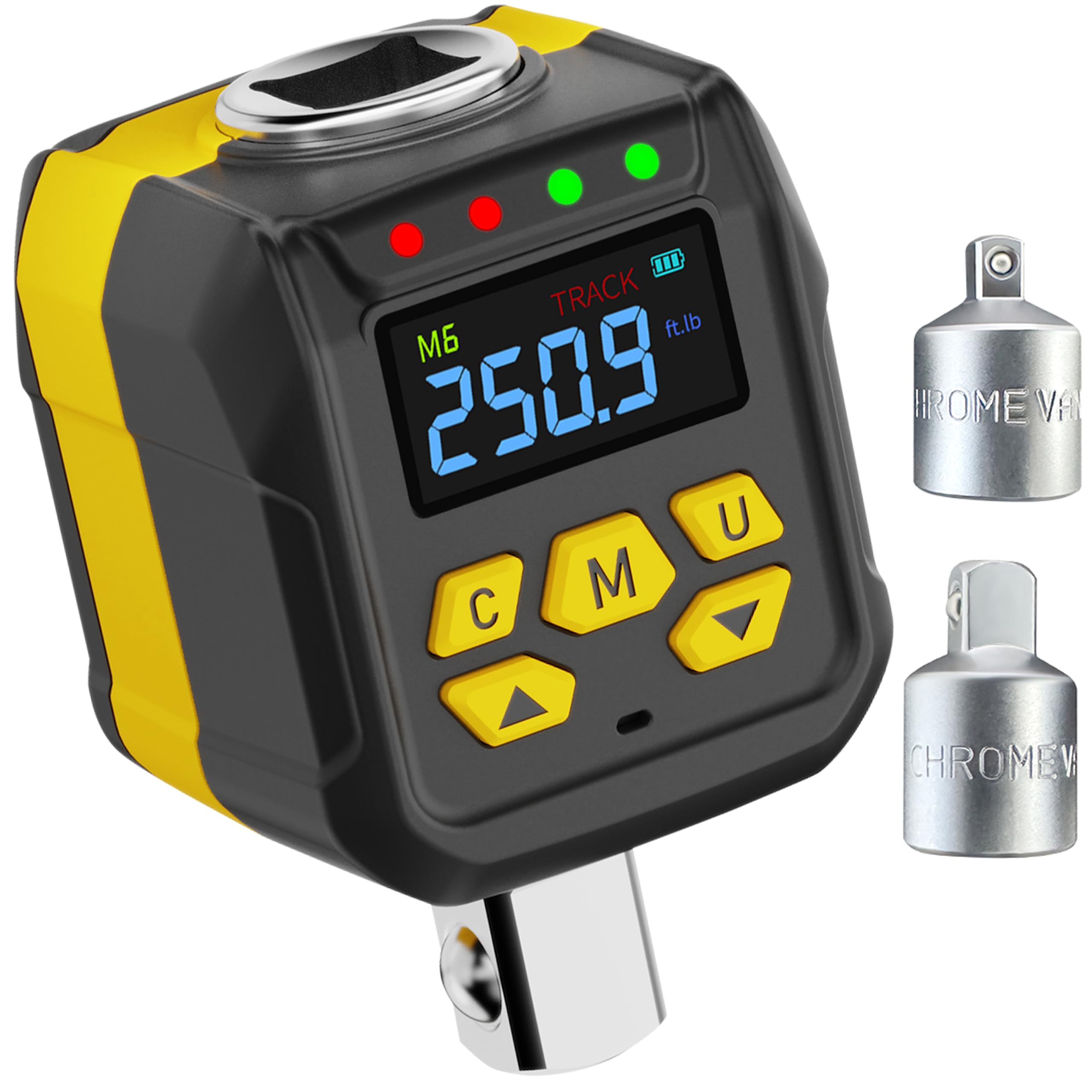 Zestaw cyfrowych adapterów momentu obrotowego 1/5.1 cm, dokładność ± 2% (3.7-76.2 m-lb), brzęczyk i wskaźnik LED, wstępnie ustawiony z przechowywaniem danych, cyfrowy miernik dynamometryczny z