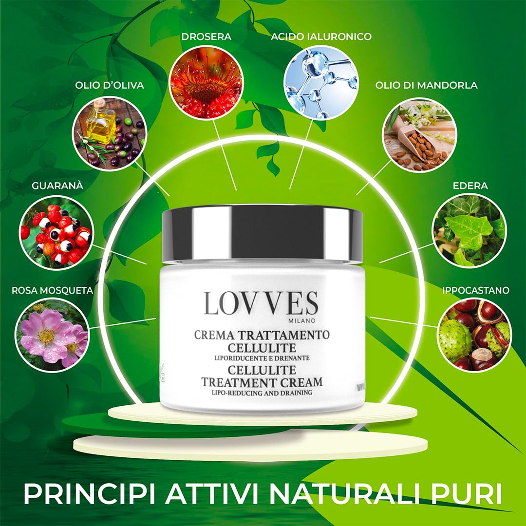 LOVVES Crema Anticellulite, Alta Cosmesi Naturale, Liporiducente e Drenante, Stimola La Circolazione, Alto Potere Idratante, Utilizzabile in gravidanza, Formato Vaso in Vetro 200ml