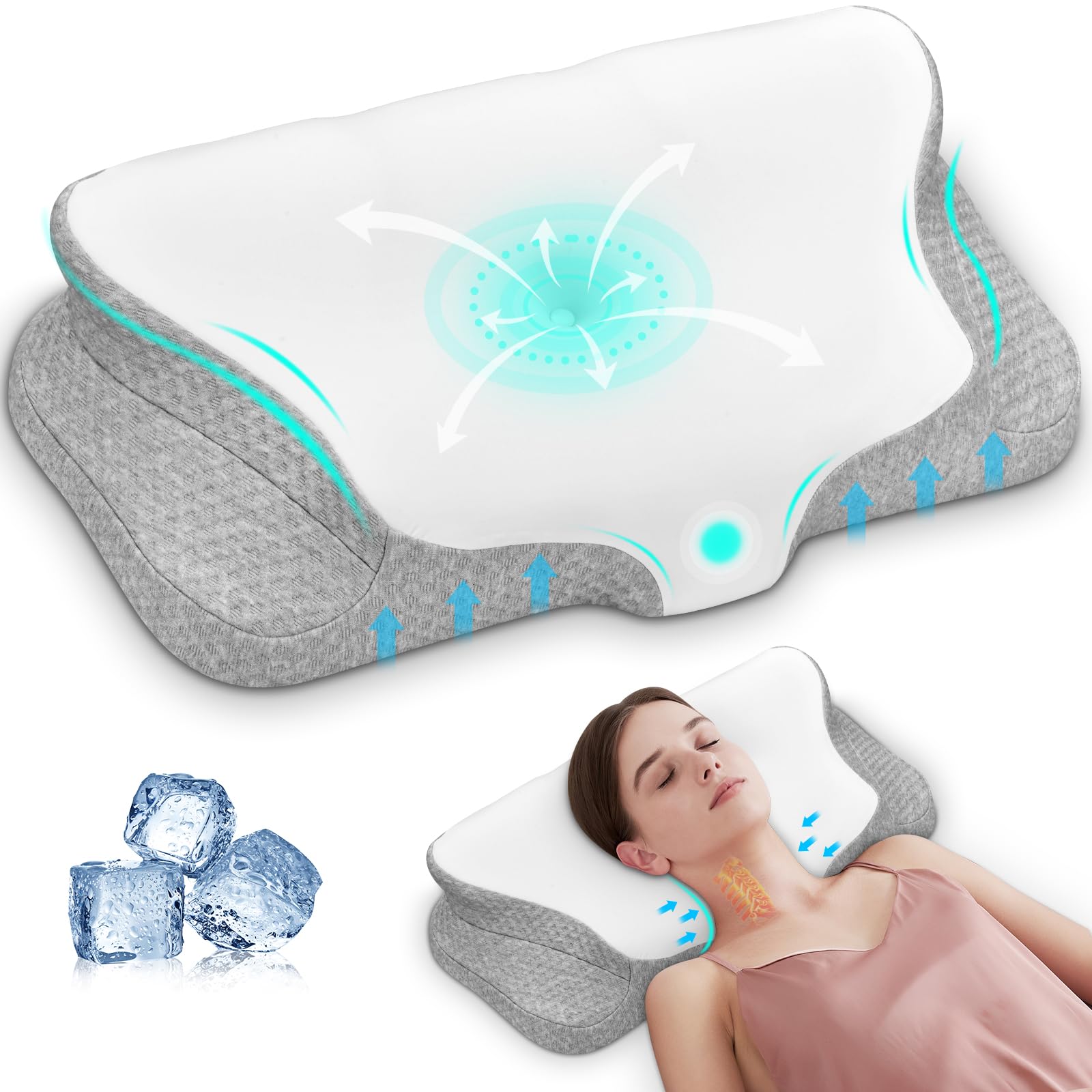 Ehomfory Almohada Cervicales y Cuello Almohada Cervical, Almohada de Espuma de Memoria Contorneada, Almohada Ergonómica de Soporte para Dormir de Lado, Espalda y Boca Abajo (White Grey)