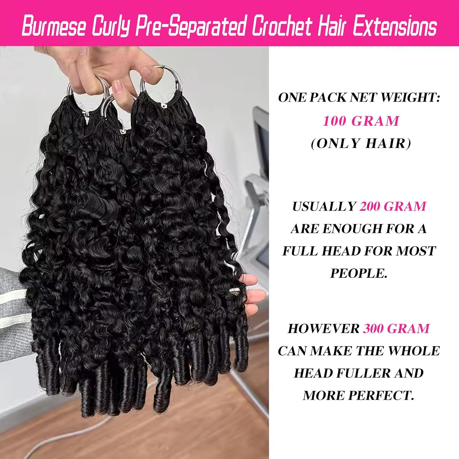 Feather Crochet Human Hair Burmese Curly 18 Inch 100g Knotless Pre‑Separated Invisible Miracle Knots Hair Lightweight Reusable Crochet Hair Extensions Natural Black