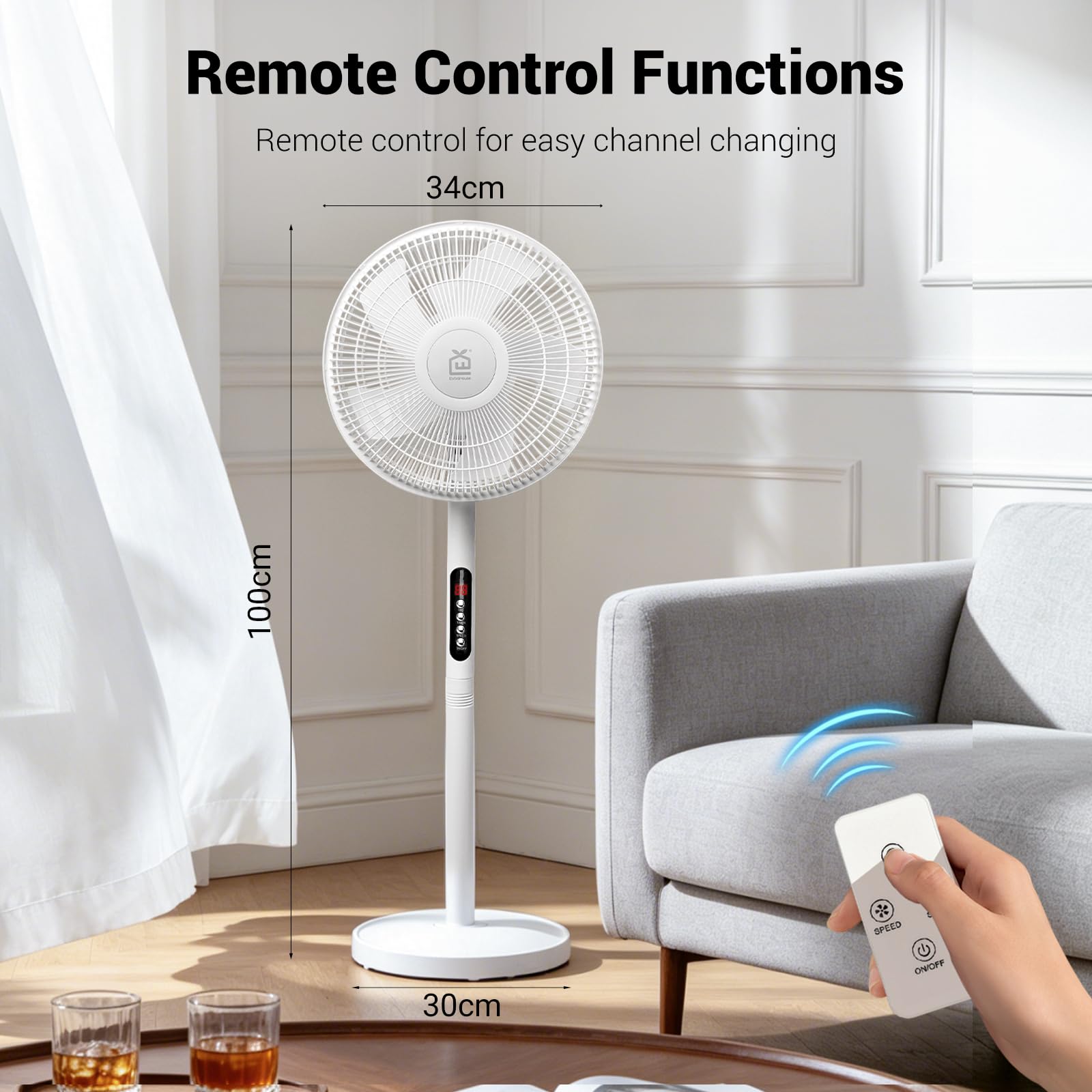 EXTRASTAR 12 Zoll Standventilator mit Fernbedienung – 6 Windstufen, 9h Timer, 70° automatische Schwenkung & 10° manuelle Neigung, 50W Bodenventilator für Wohnzimmer, Schlafzimmer & Homeoffice