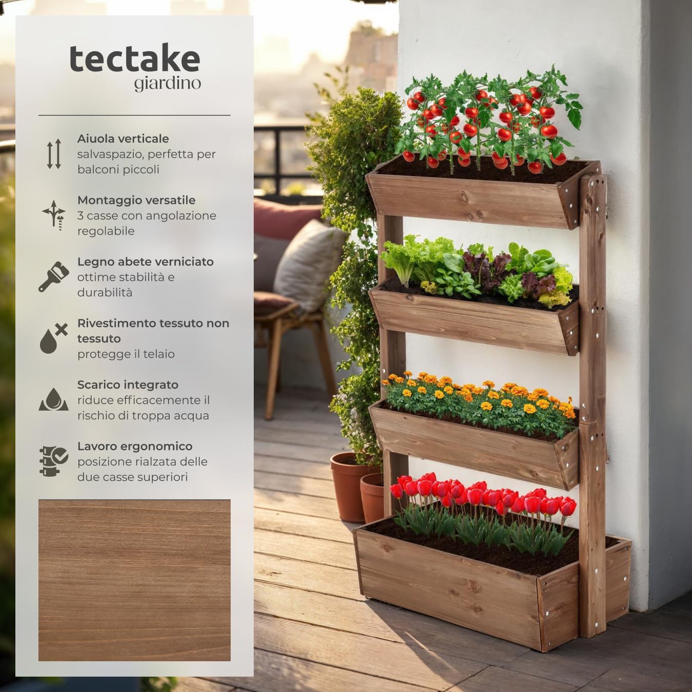 tectake® giardino verticale, fioriera da esterno in legno, orto verticale, giardino verticale, per erbe aromatiche, fiori, verdure, fioriera da balcone, porta piante85 x 45 x 140 cm - Marrone