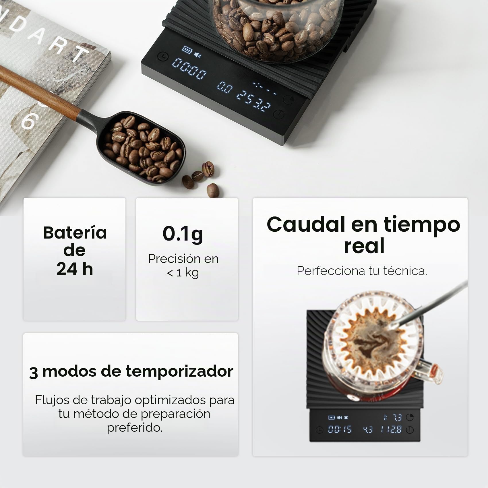 TIMEMORE Báscula de café Basic 3.0 con temporizador y relación/caudal, onz/kg conmutable, digital, para espresso y pour-over, color negro