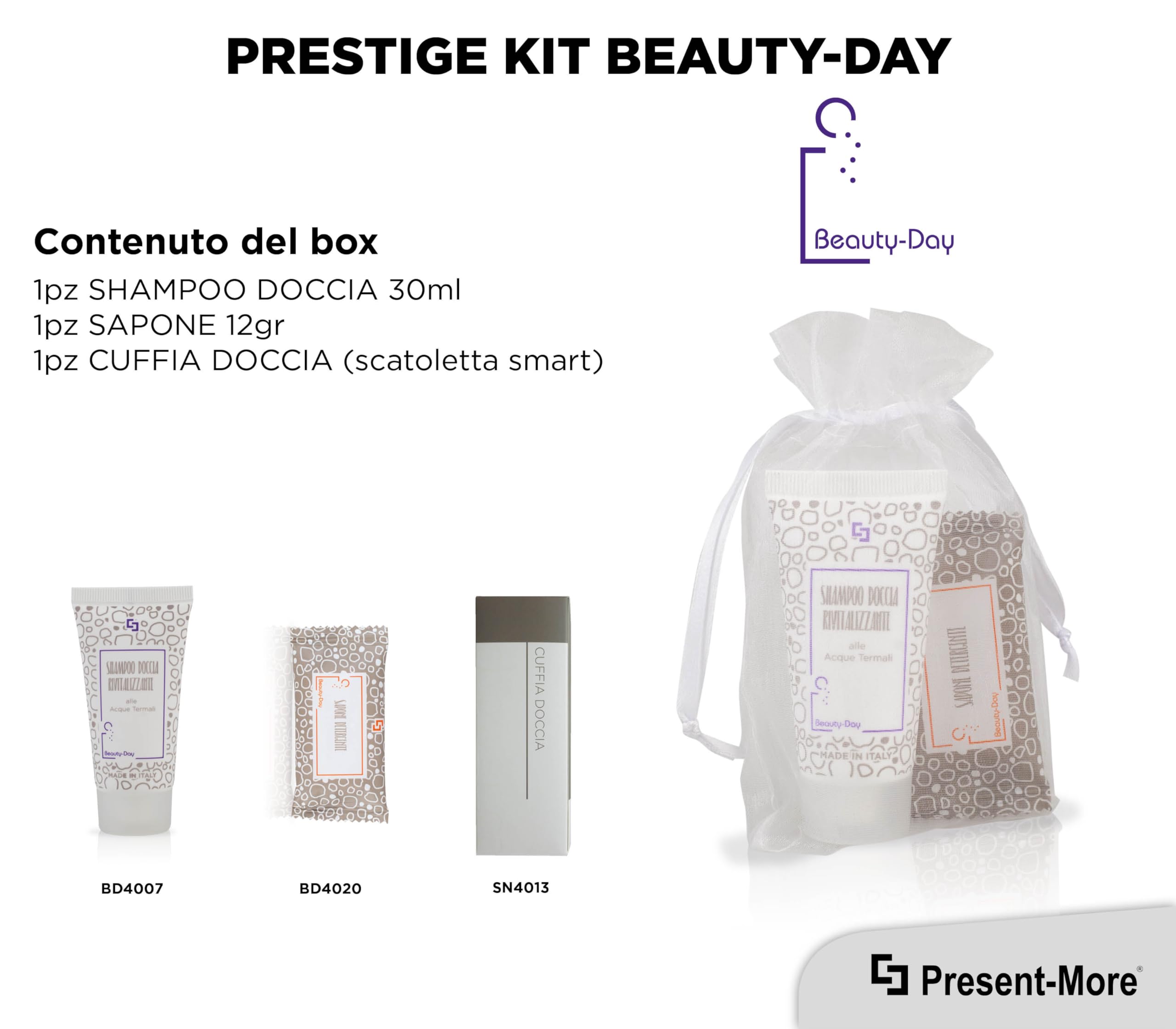 PRESENT-MORE - Set Cortesia 15 Ospiti Beauty-Day Italy - Fragranza Ylang Ylang - Contiene: Shampoo Doccia, Sapone e Cuffia - Made in Italy - Per Hotel e B&B