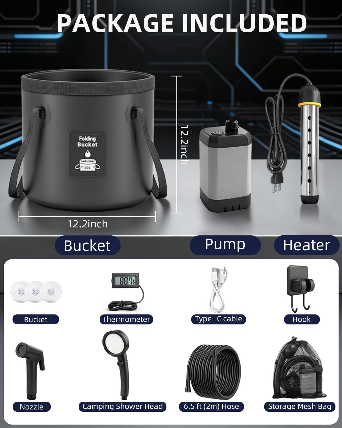 Douche portable améliorée 2026 avec chauffage pour camping, pompe de douche rechargeable de 6000 mAh avec écran LED, 3 modes de pulvérisation, seau pliable de 15,7 l, douche extérieure pour voyage