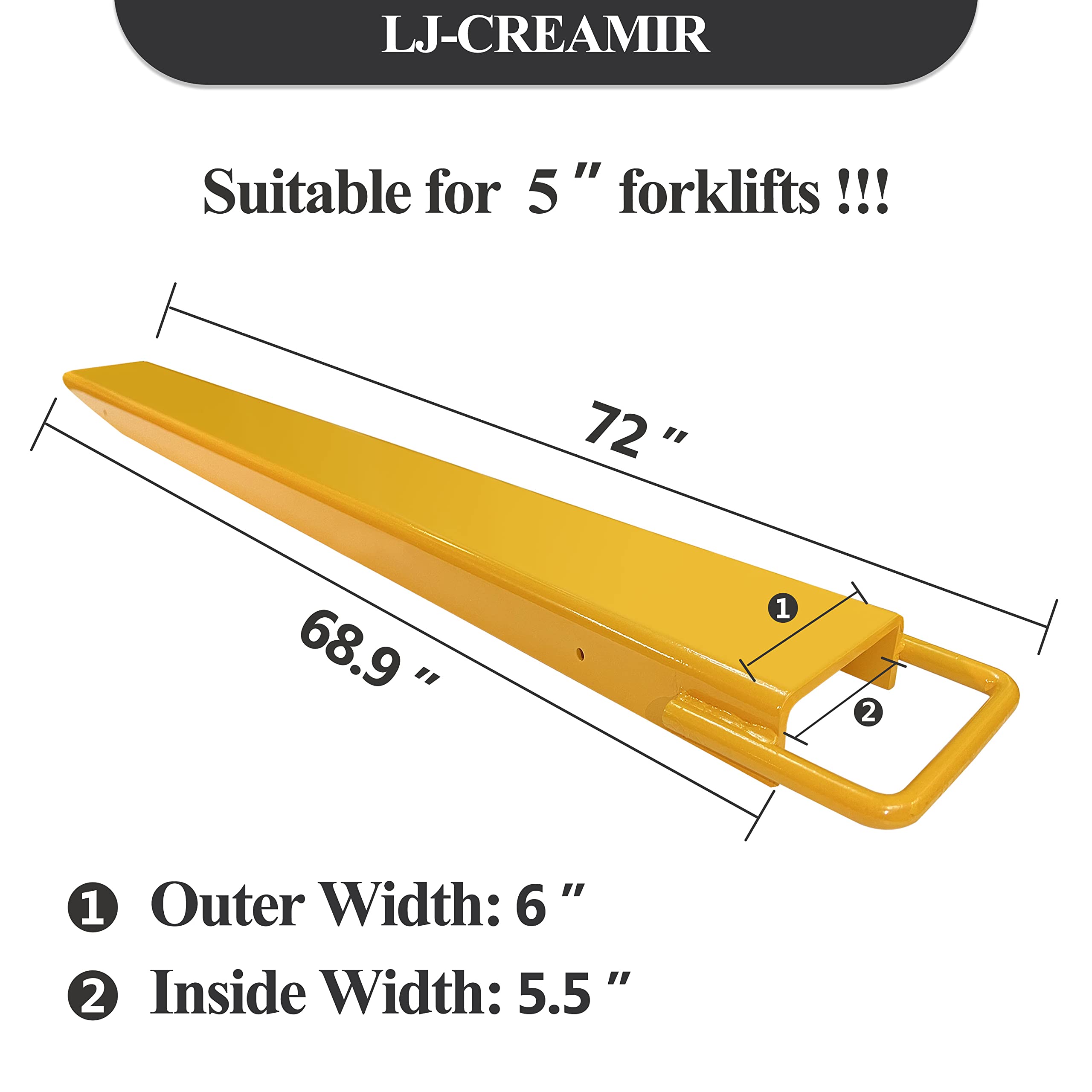 Lj-creamir® LJ-7255 Pallet Fork Extensions for Forklift 72 * 5.5 inch for Fork Truck and Loaders, Heavy Duty Thickened Alloy Steel Pallet Forklift Extensions,72 