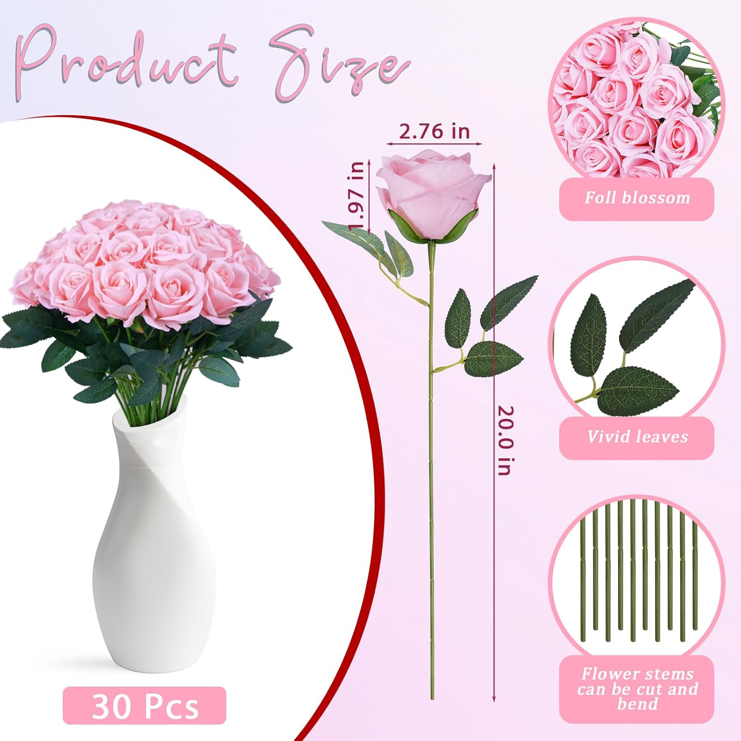 30pcs Fake Roses Artificial Silk Flowers Long Stems Bouquet for Wedding Bridal Shower Party Home Decoration (Pink) - Image 2