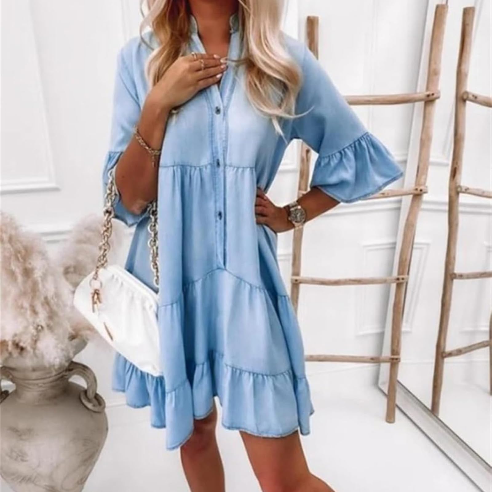Générique Robe d'été à Volants et col en V pour Femme, en Jean léger, Manches mi-Longues, décontractée, boutonnée, en Coton.