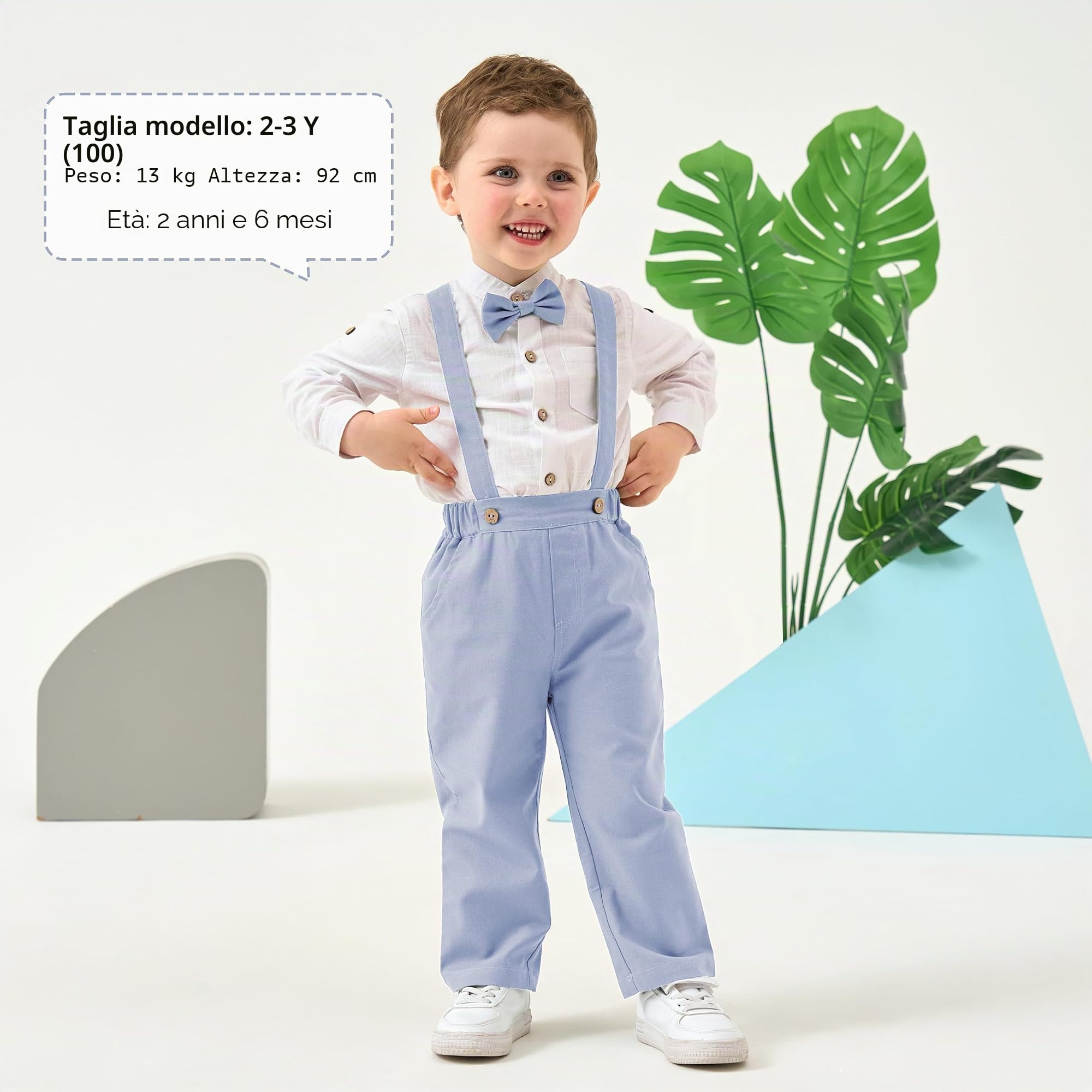 Volunboy Completo Elegante Bambino, Lino Ragazzo Henley Camicie Fiocco e Bretelle Pantaloni 4 Pezzi Cerimonia Nozze Abbigliamento