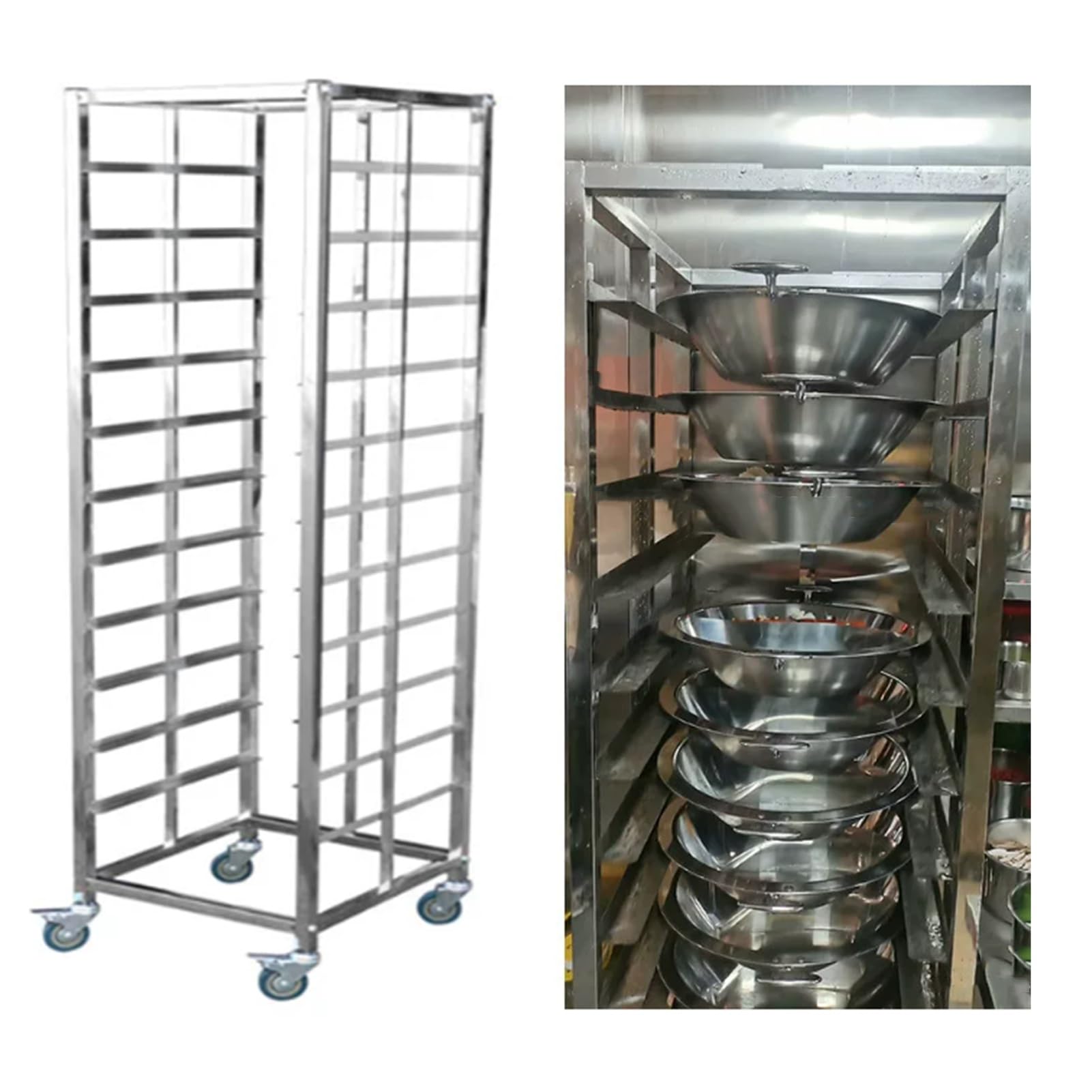 Estante de acero inoxidable móvil y organizador de ollas con ruedas para armario