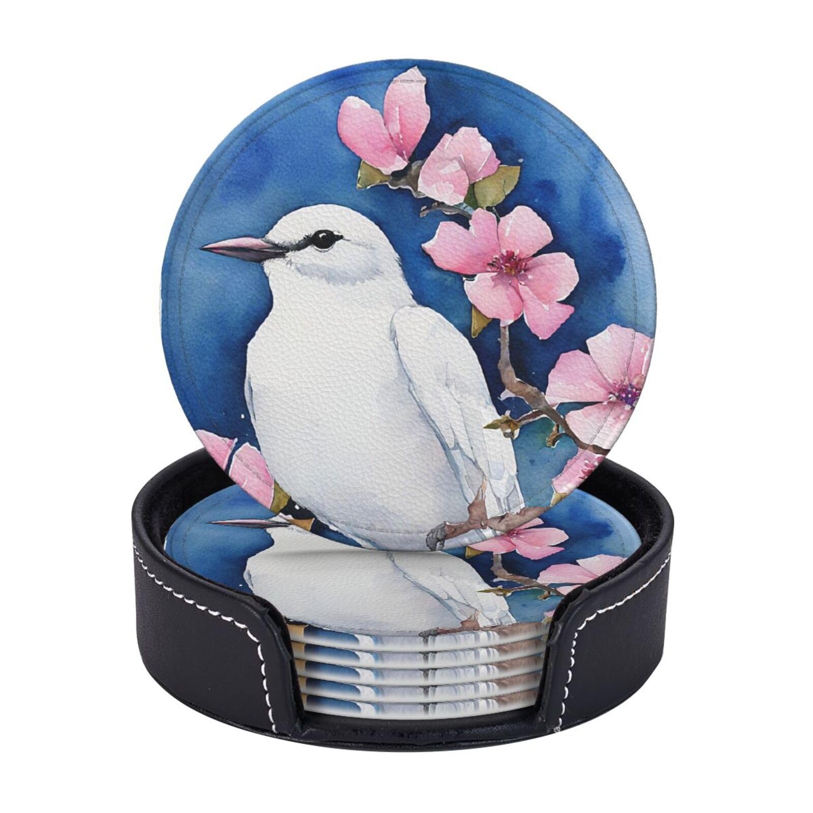 Coasters Set of 6 Microfiber PU leather Coasters with Holders for Drinks Coffee Bar Accessories, House Apartment Coffee Table Decor, Housewarming Gifts - Beautiful Cockatoo Bird Flower