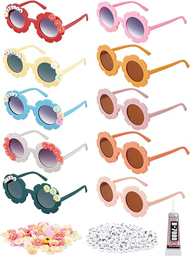 10 pares de lentes de sol redondos con flores para niños, para exteriores, con 50 margaritas, 100 cuentas de letras al azar (color elegante)