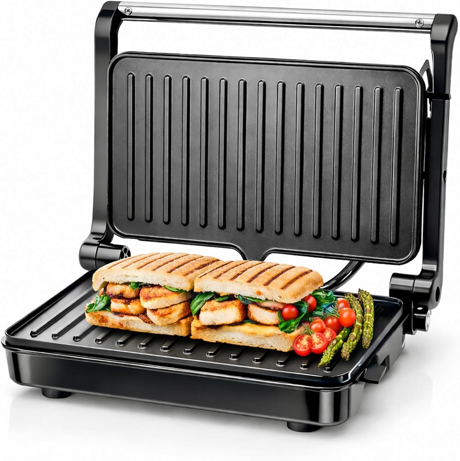 Innoteck Electric Contact Grill Panini Press Sandwich Toaster 1200W, Non Stick Teflon Plates, 180° Flat Opening Indoor BBQ Grill Maker with Drip Tray, Cool Touch Handle & Ready Indicator Light