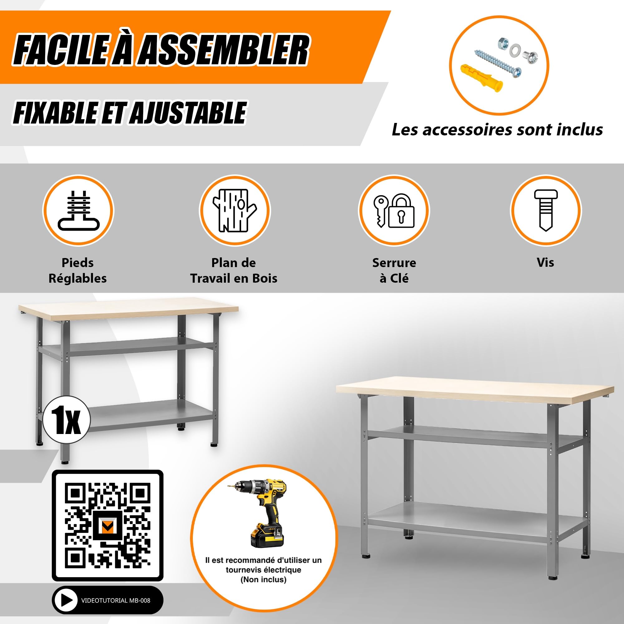 METALLMOBELL - Etabli Atelier Garage | 120x60x84cm, avec Étagères et Pieds Réglables | Table de Travail Bricolage, Établi Atelier, Meuble Garage - MB008G-N