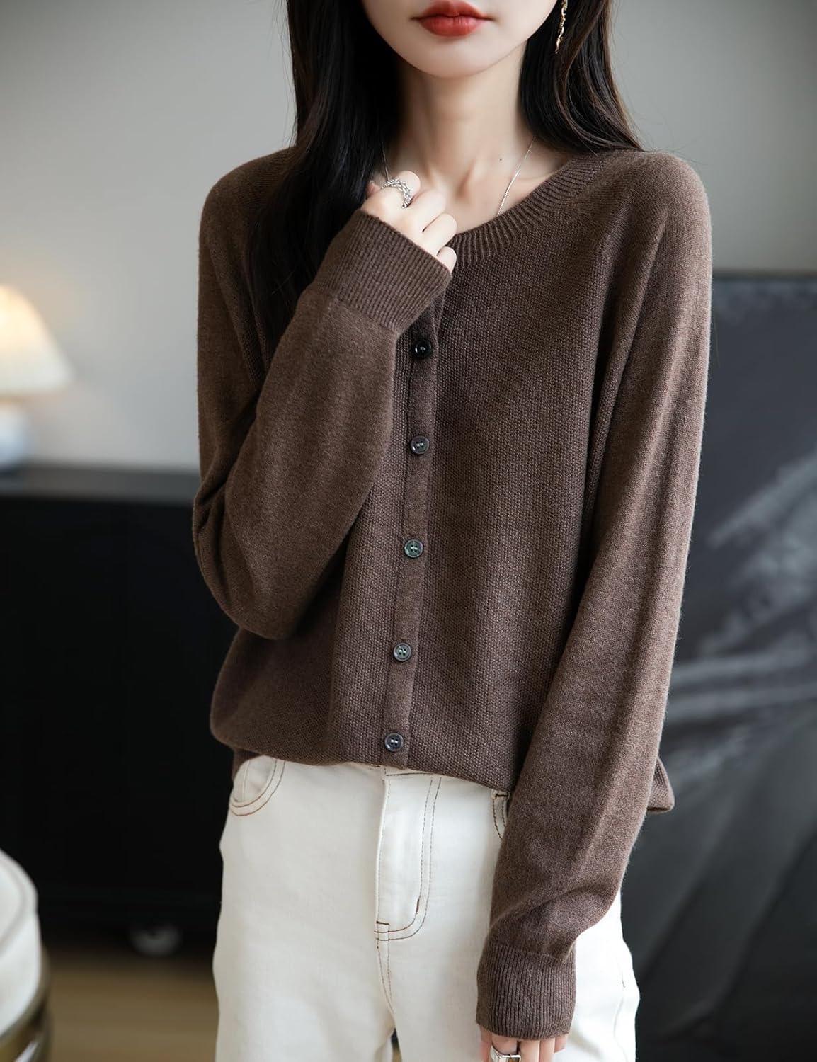 Women's Merino Wool Blend Cardigan Crew Neck Fall Winter Long Sleeve First-Line Ready to Wear Seamless Knit - Image 3