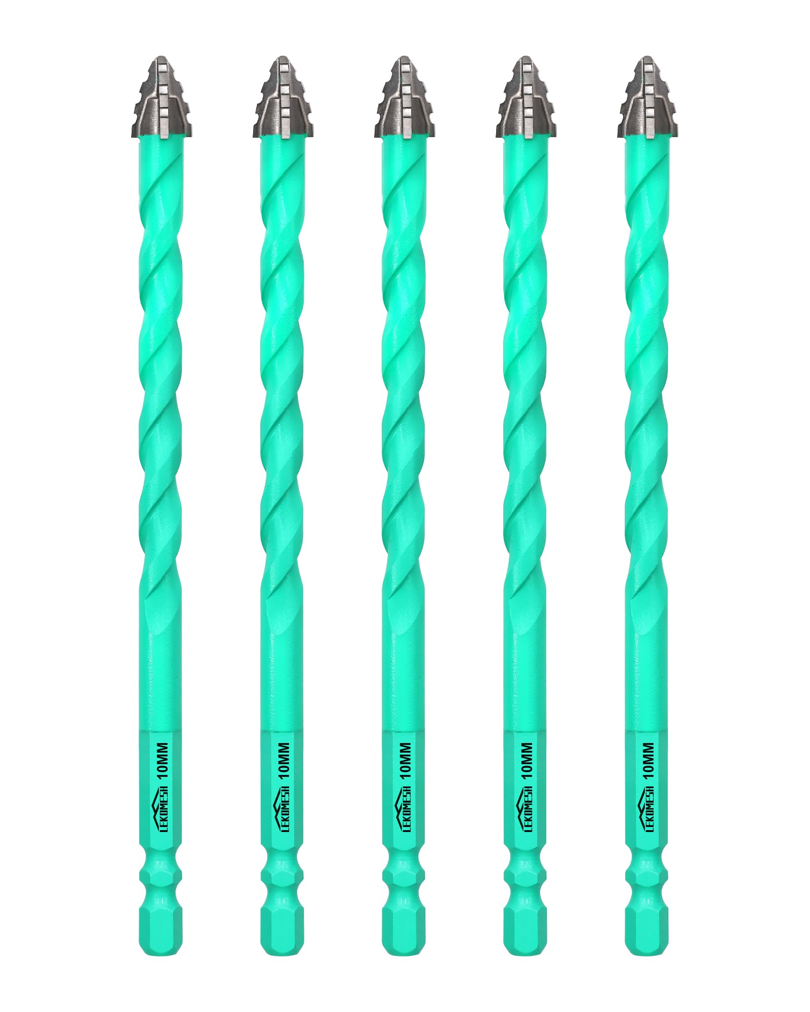 LEKOMESH Serrated Carbide Masonry Drill Bit Set - 5PCS 10MM Quick Change Drill Bits for Wood,Plastic,Masonry,Brick,Tile,Glass,Concrete,Marble