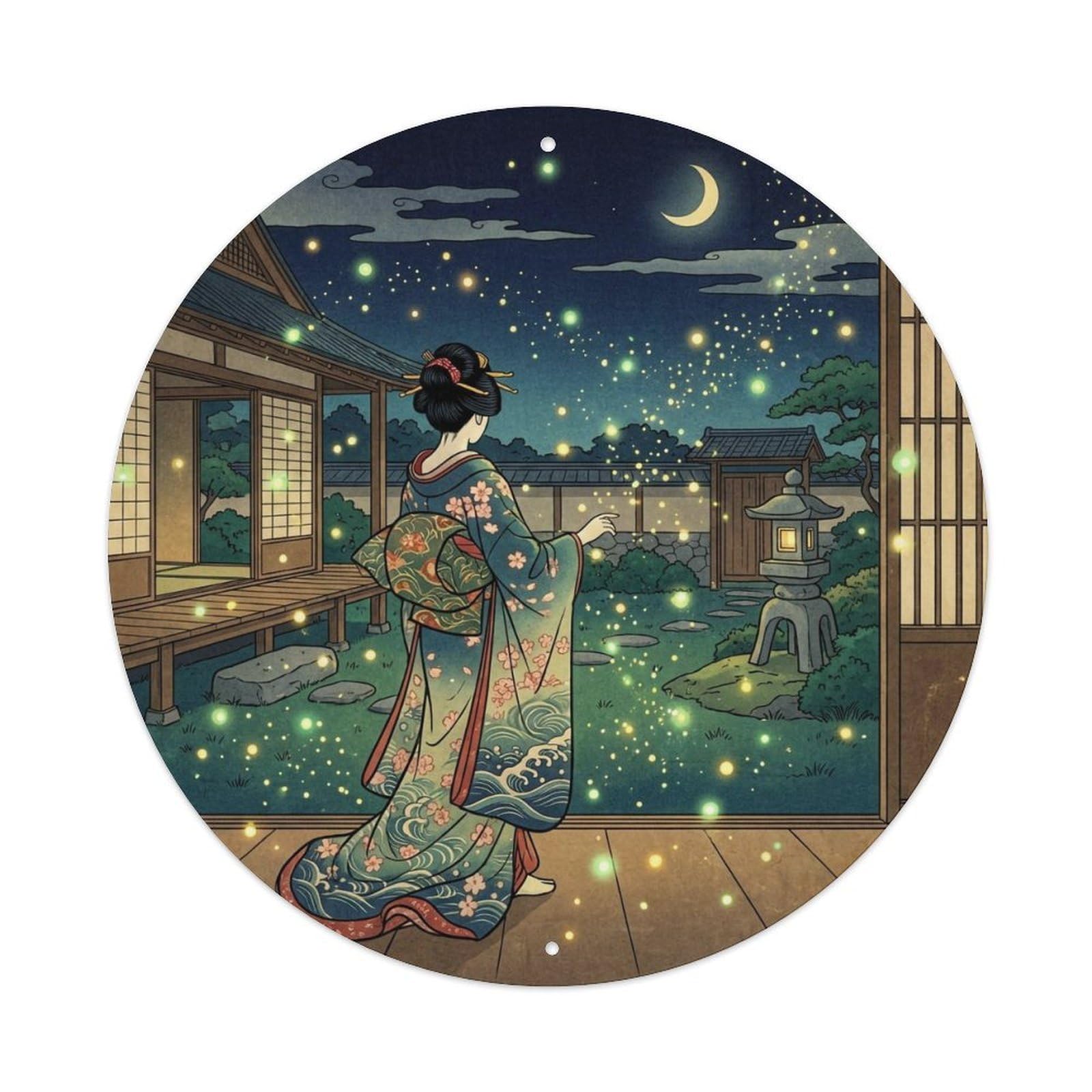 Yrnq 8X8inch Vintage Style Japanese Geisha Fireflies Night Observing Tranquil Metal Tin Sign