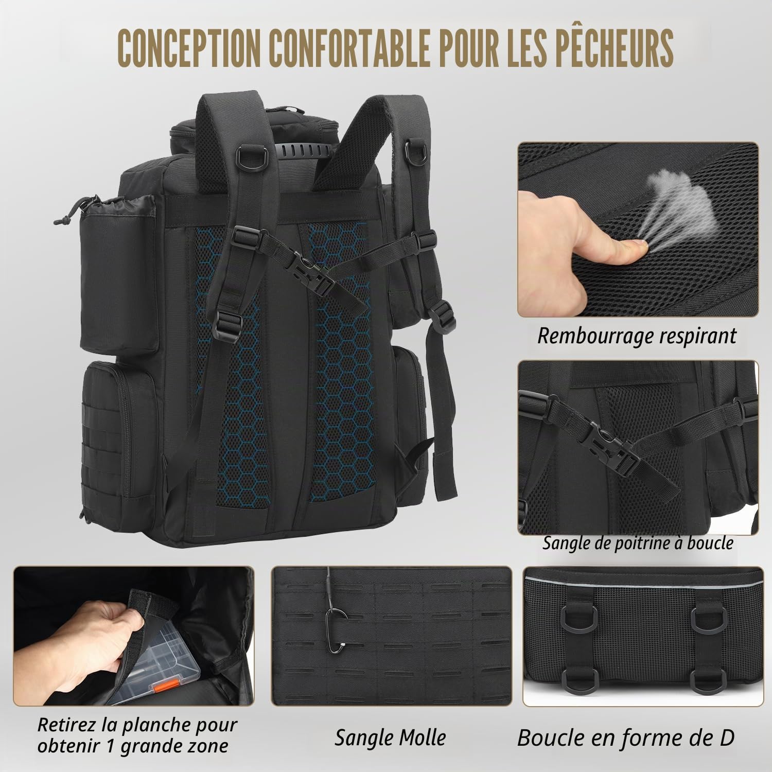 Sac à Dos de Pêche 50L avec Supports de Canne & Compartiment Réfrigéré Résistant à l'eau Sac de Rangement pour Accessoires de Pêche pour équipement de Pêche (Noir avec 4 Boîtes)