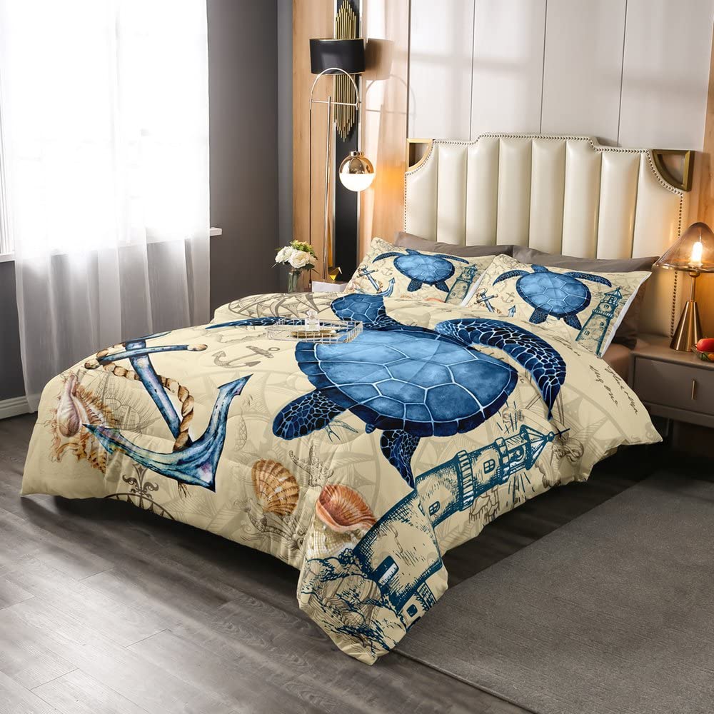 Loussiesd Sea Turtle Ocean Turtle Anchor Bedding Set for Kids Boys Girls Reptile Tortoise Duvet Set Marine Down Comforter Underwater Animal Single Size - Image 2