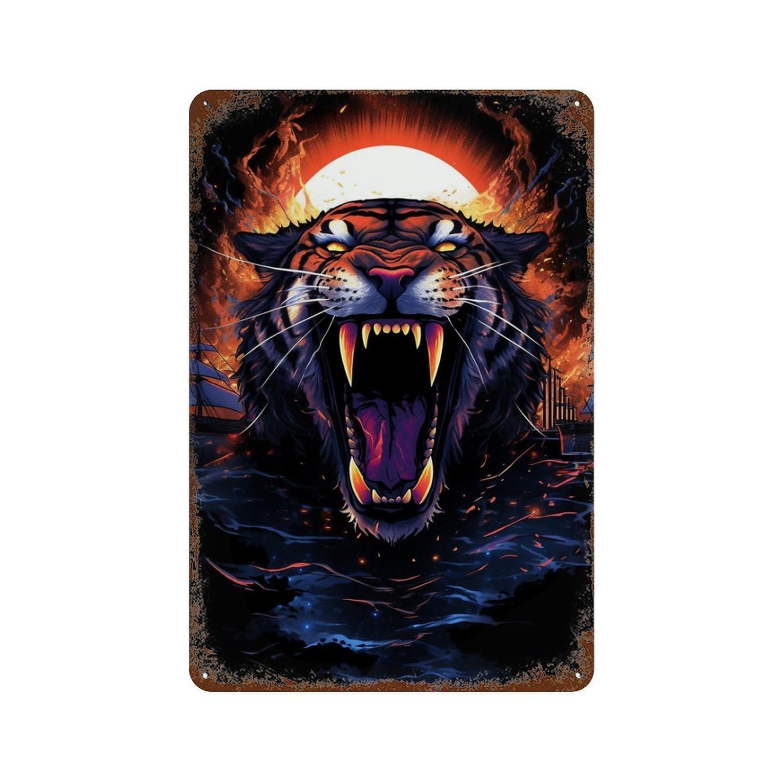 Roaring Tiger Art Print Distressed Metal Wall Sign 11.8"x7.9", Rustic Home Decor for Living Room, Hallway And Home Decor