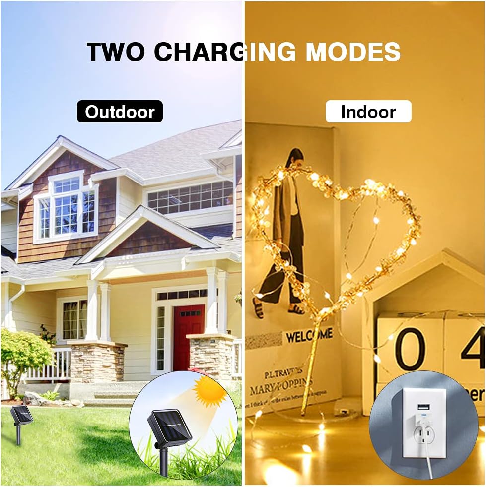 Solar String Lights Outdoor/Indoor - 2 Pack 39.4FT 100 LED Fairy Lights Solar & USB Powered with 8 Modes,Waterproof Silver Wire for Garden Patio Patry (Warm White)