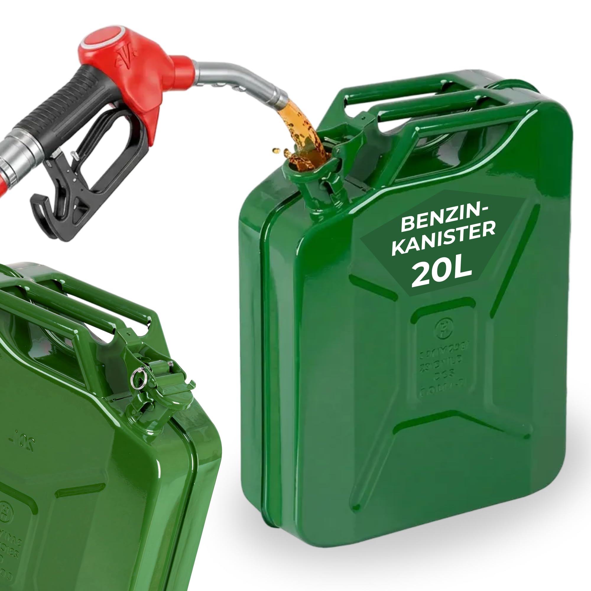 STREND PRO Benzinkanister 20l Metall | Robuster Kanister 20 liter für Benzin & Diesel | Kraftstoffkanister | Dieselkanister für Reserve | Kombikanister motorsäge | Grün mit UN-Zulassung | Benzintank