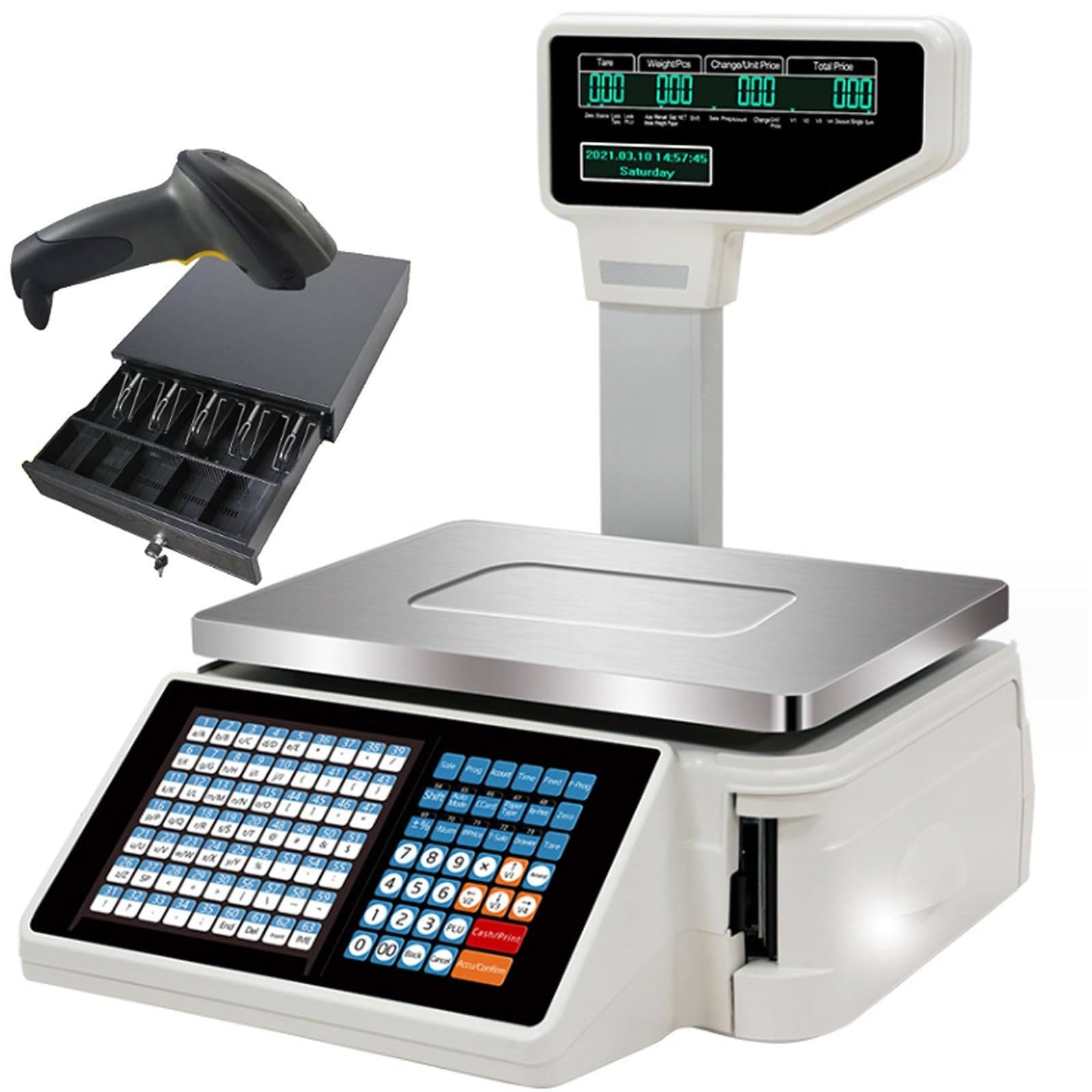 JKJZSALJ Dual Display Counting Scale,Cash Register Scale,Scale With Label Printer,Label Printing Scales,30Kg Digital Scales,With Cashbox ＆ Scanner,For Supermarket/Ret,A+Scanner+CashBox