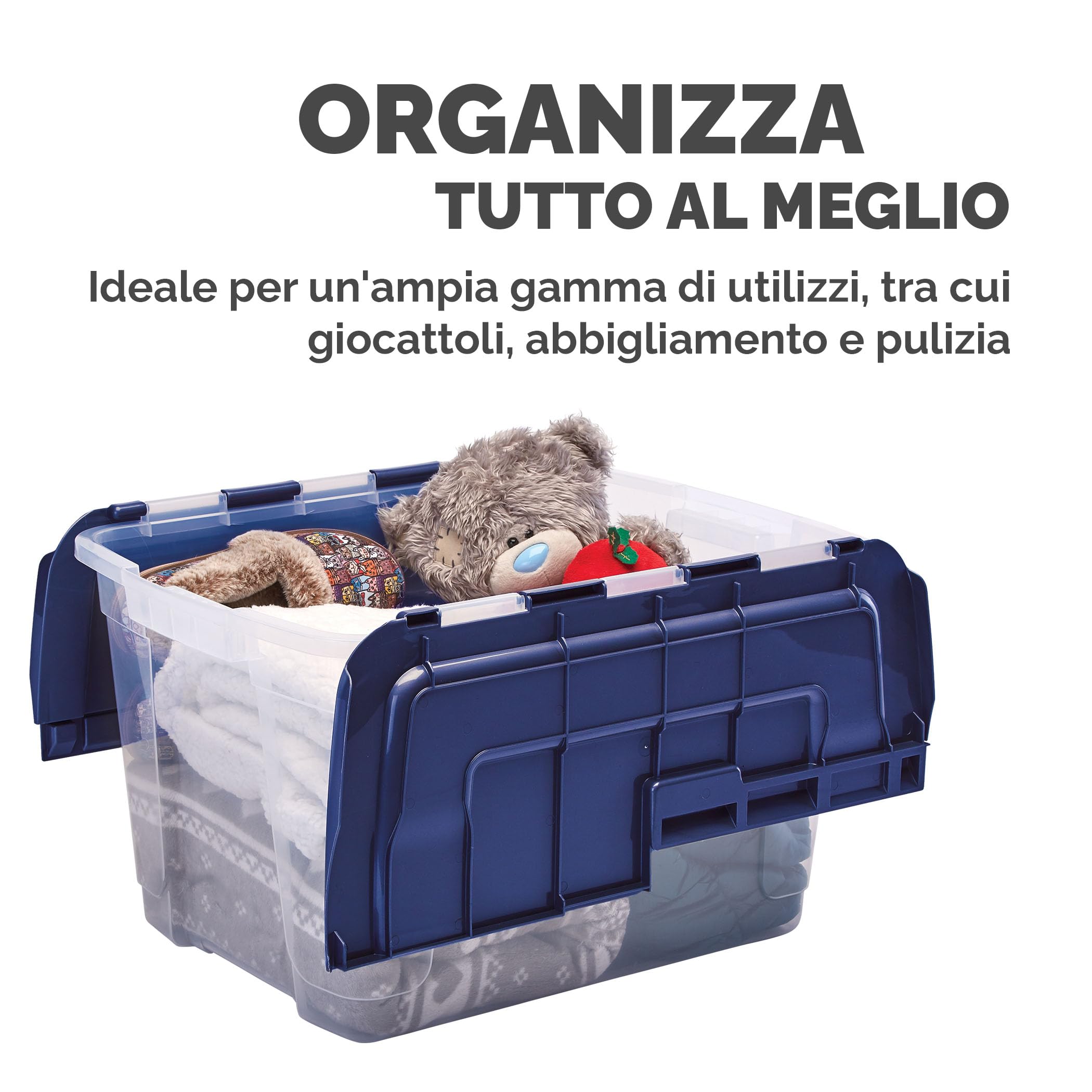 Bankers Box 55L scatola porta oggetti in confezione da 3, BPA-Free, in plastica 100% riciclata, impilabile, 35x43x59cm, ideali per organizzare la casa e l'ufficio, coperchio a cerniera