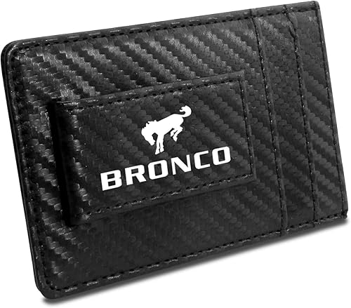 Miniatura 2 de iPick Image Ford Bronco - Cartera de piel de fibra de carbono negra con bloqueo RFID, funda para tarjetas, 4-38" x 2-34", Negro -
