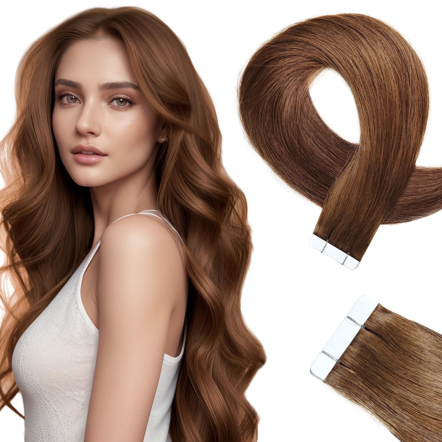 LieblichWelle Tape in Hair Extensions Human Hair Brown 20 inch, 20pcs, 50g/Pack, Salon-Grade Quality