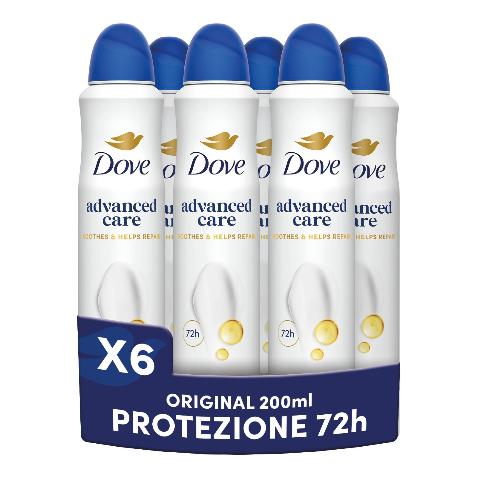 Dove Deodorante Spray Advanced Care Original, con Formula Idratante e Delicata sulla Pelle, Senza Alcol, Pelle Asciutta Fino a 72 Ore, Deodorante Uomo e Donna, 6 Pezzi da 200ml