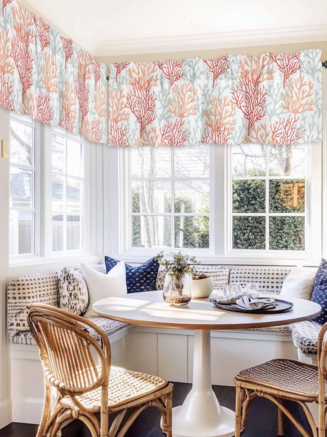 Red Orange Grey Coastal Curtain Valances for Windows, Summer Coral Beach Kitchen Valance Window Treatments Panel 2 Pack, Nautical Rod Pocket Short Curtains for Bathroom Bedroom 54x18 Inch