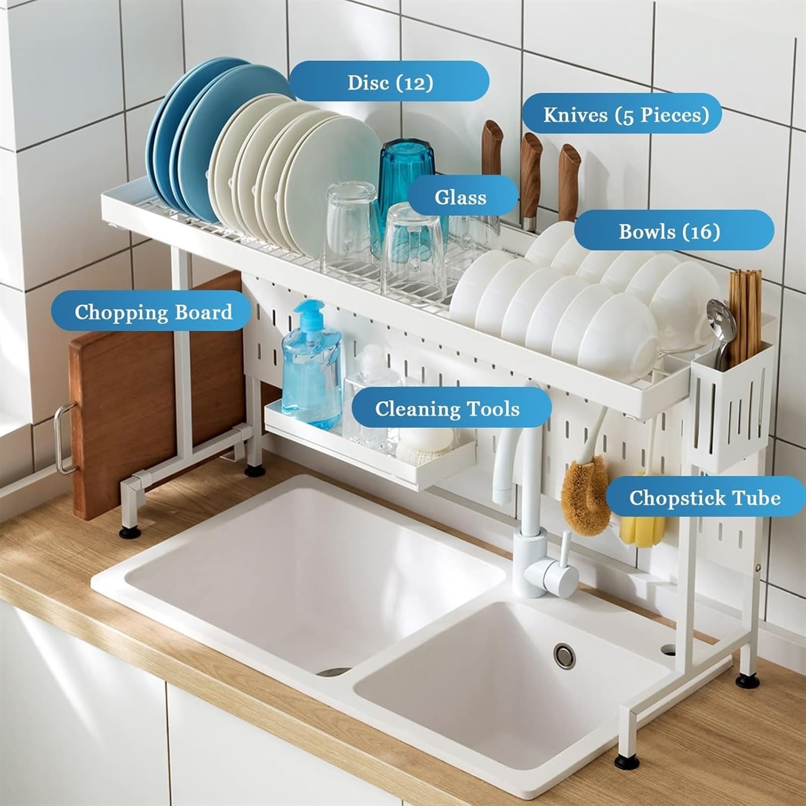 Escurridor de platos, estante grande de secado de platos, estante expandible para gabinete, estante de acero inoxidable para colocar sobre el fregadero, estante organizador para fregadero