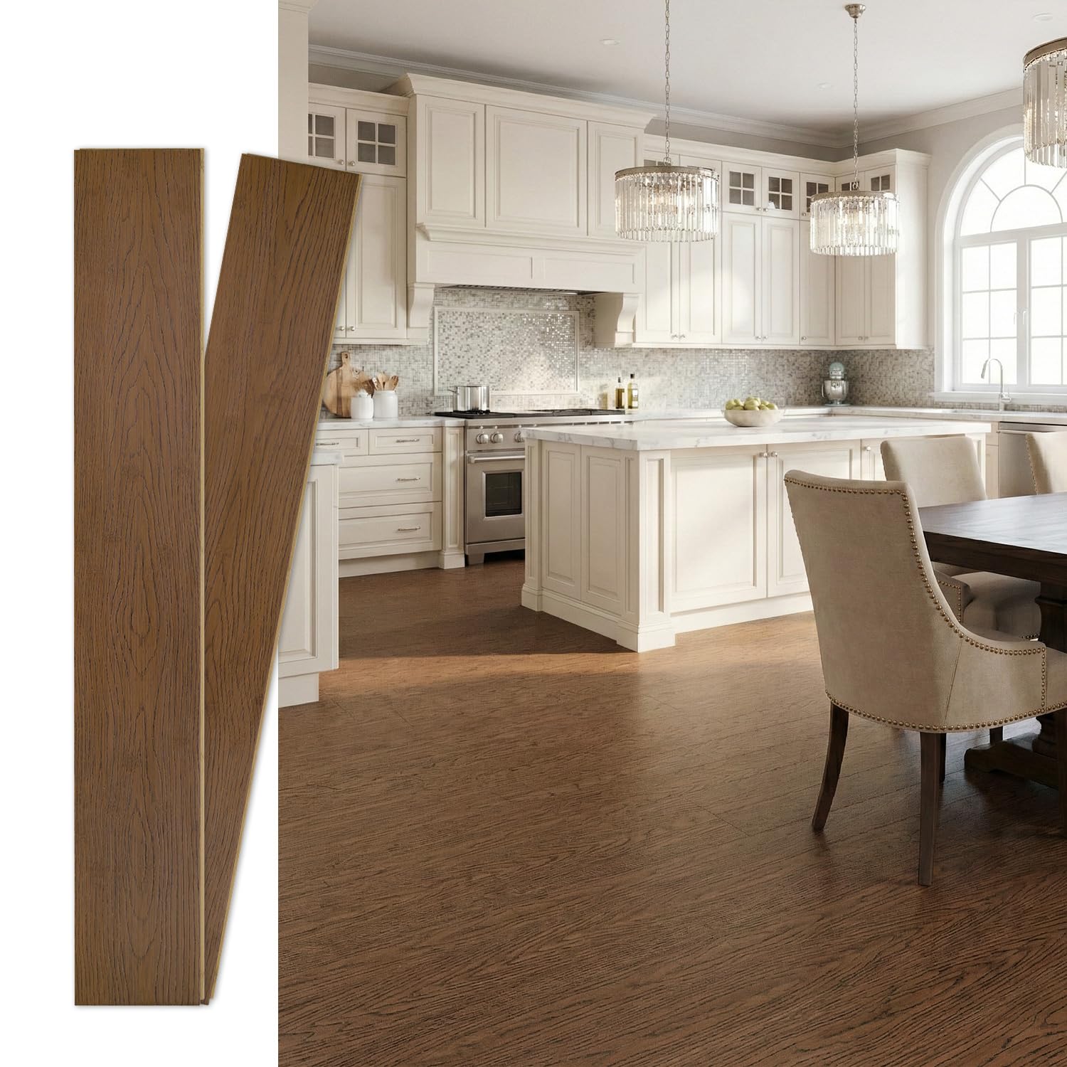 Solid Bamboo Flooring, 40.15" L x 5.11" W x 0.6" T, Warm Brown Oak Grain, Tongue & Groove Waterproof Planks, 14 Planks (Covers 20 Sq Ft)