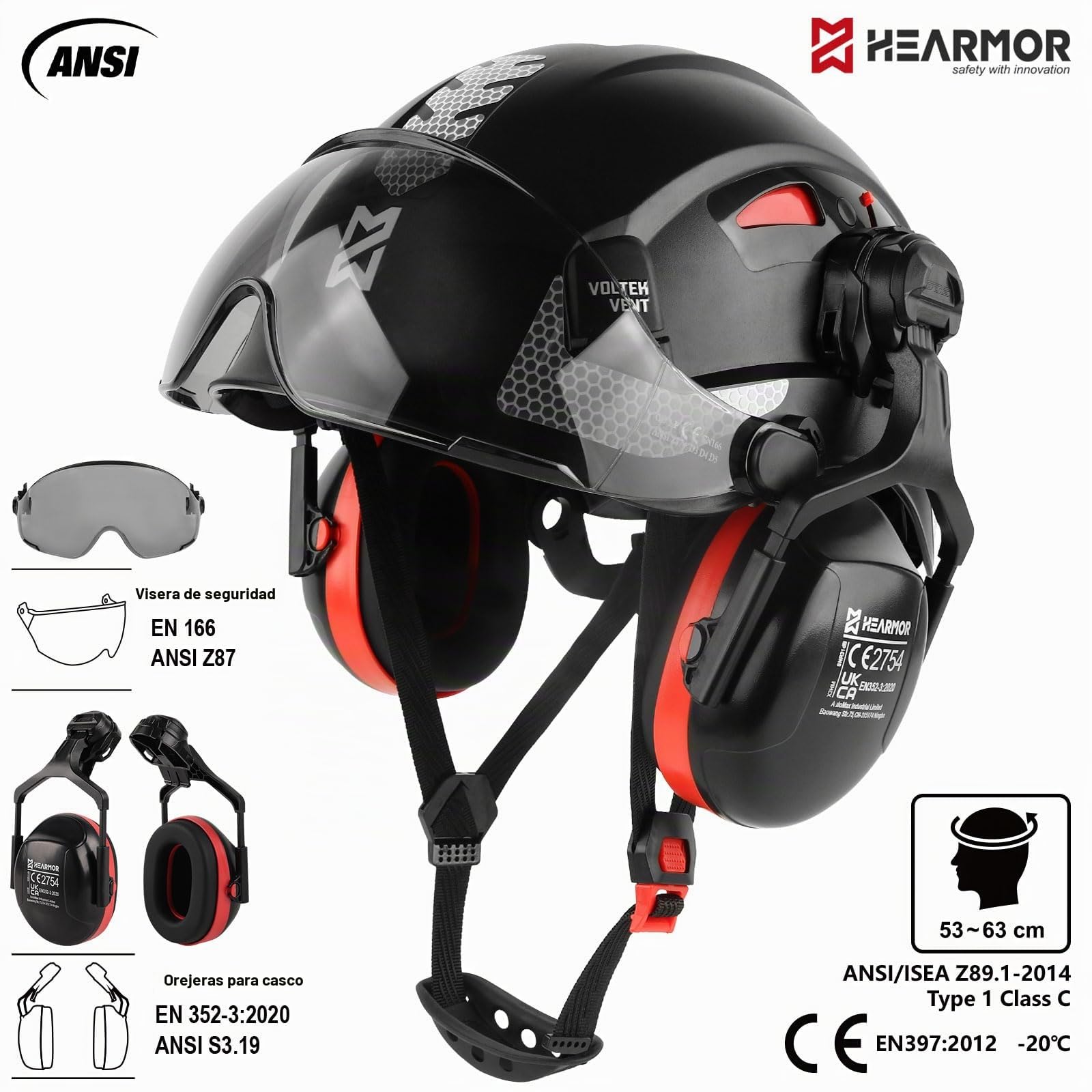 HEARMOR Casco 3 en 1 con protección auditiva y visera, casco de trabajo certificado EN 397 para trabajos forestales, construcción y escalada, incluye bolsa portátil y forro refrigerante