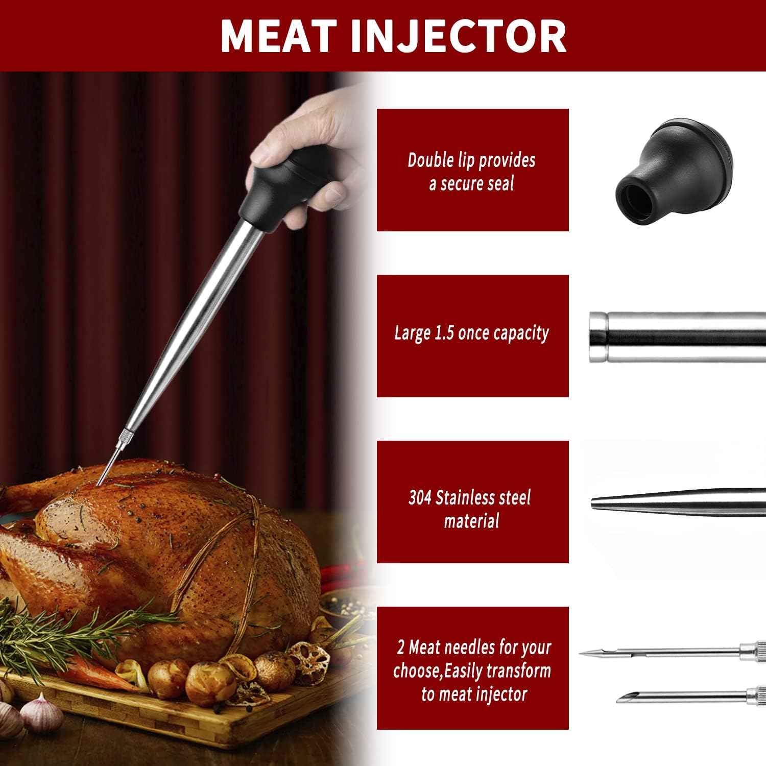 JY COOKMENT Stainless Steel Turkey Baster Baster Syringe for Cooking Meat Injector Set with 2 Marinade Needles 1 Cleaning Brush for Home Baking Kitchen Tool: Home & Kitchen
