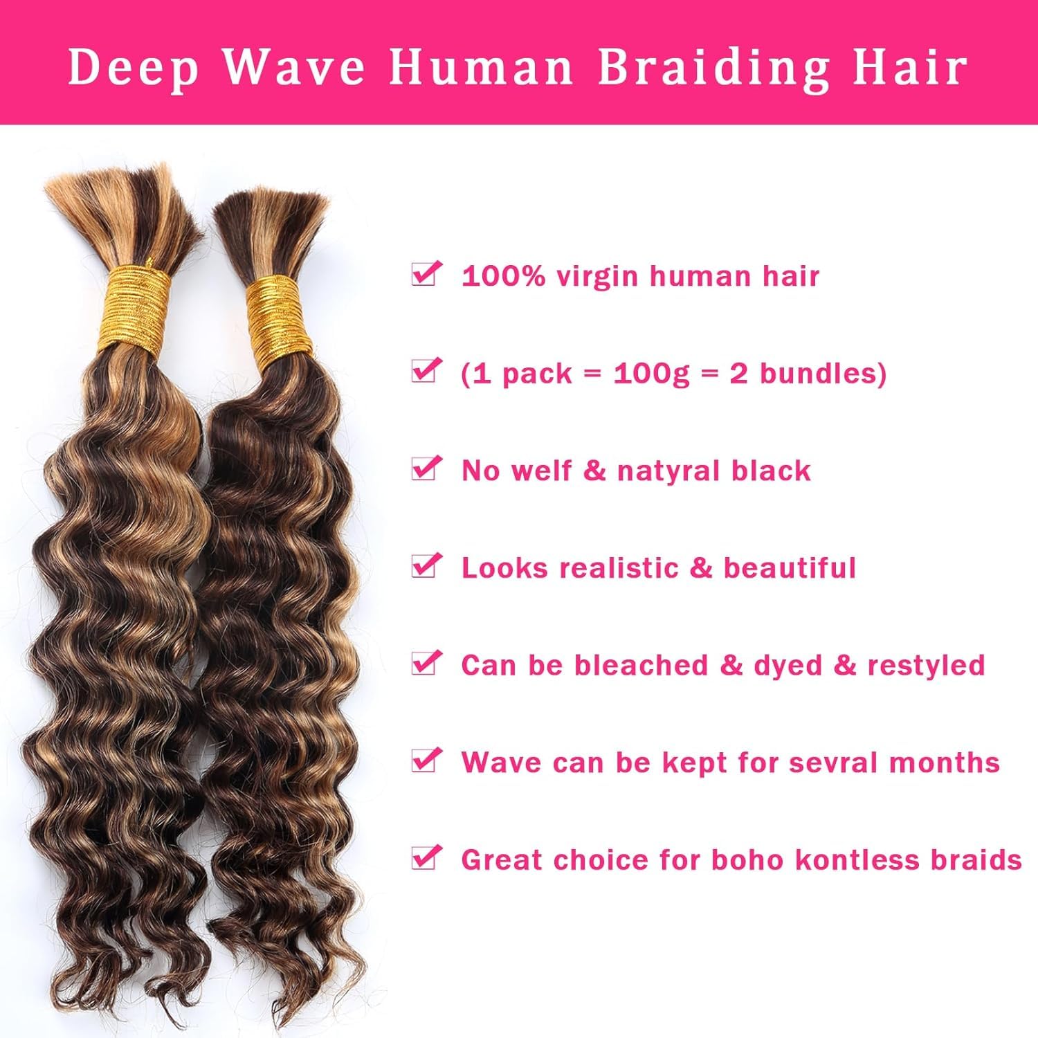 Human Braiding Hair for Boho Braids Highlight Deep Wave Bulk Human Hair for Braiding 22 Inch 2 Bundle 100G P430 Wet and Wavy Curly Ombre Bohemian Hair Extensions No Weft Bundles - Image 3