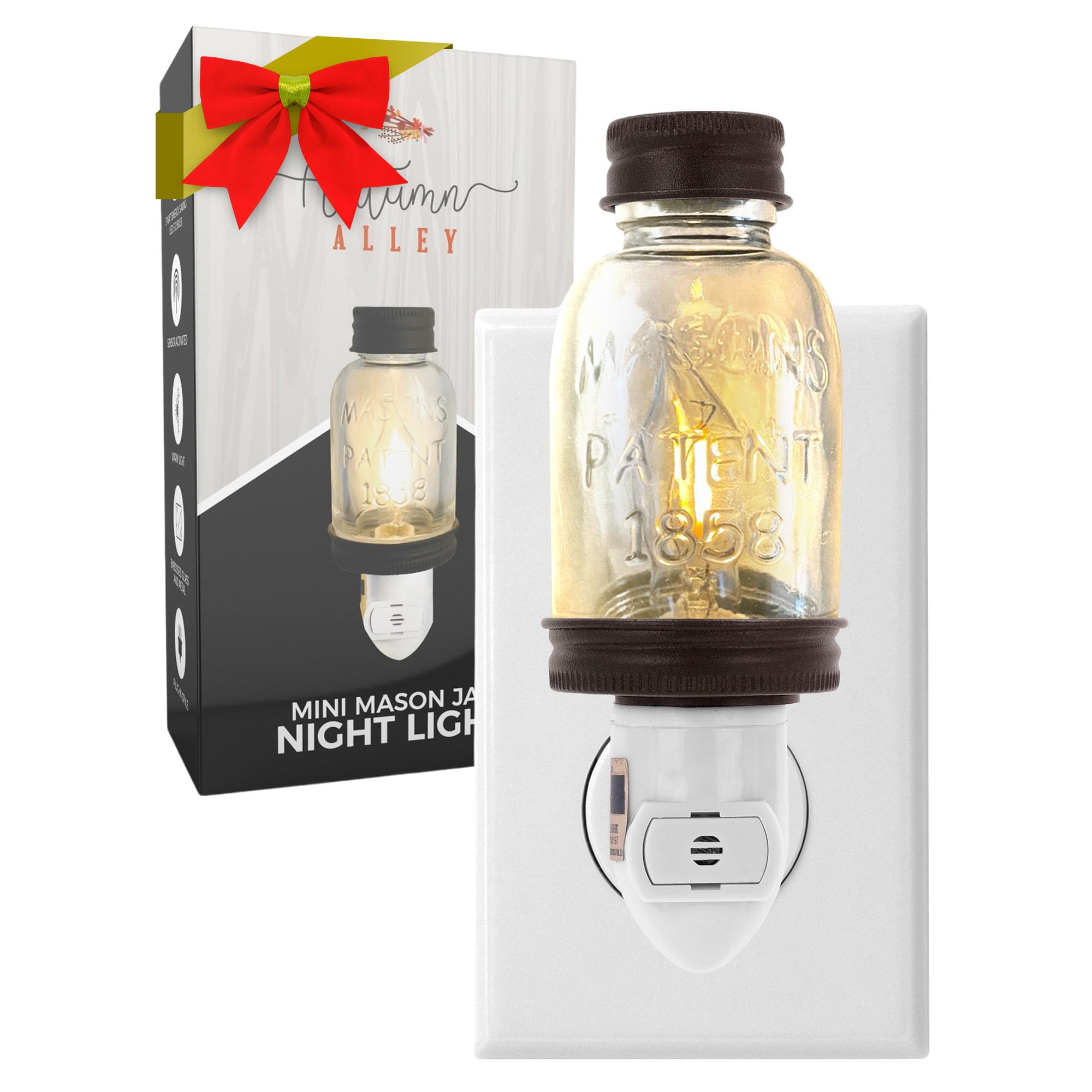 Rustic Mini Mason Jar Night Light in Bronze | Auto On/Off Sensor | Plug in Farmhouse Wall Decor | Cute Country Night Light | Energy Efficient LED Bulb | Timeless Design