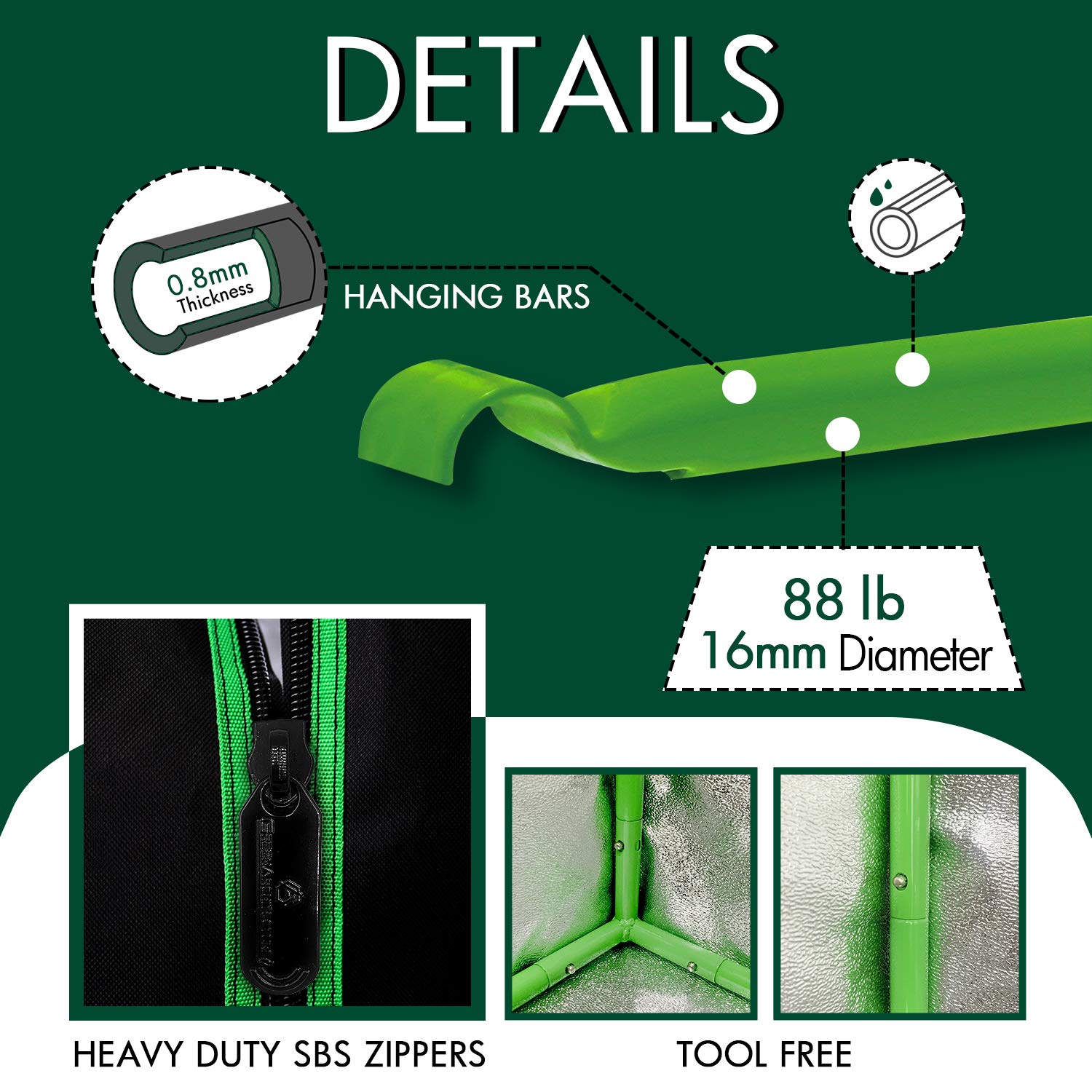 GA Growzelt 100x100x200 cm Anzuchtzelt Reflektierendes Mylar Hydrokultur Gewächshauszelt wasserdichter Bodenwanne Schwarz