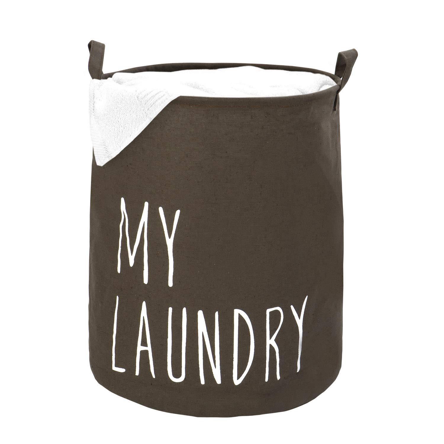 HOKIPO Cotton Round Folding Laundry Basket with Drawstring Closure - 42 L, Grey