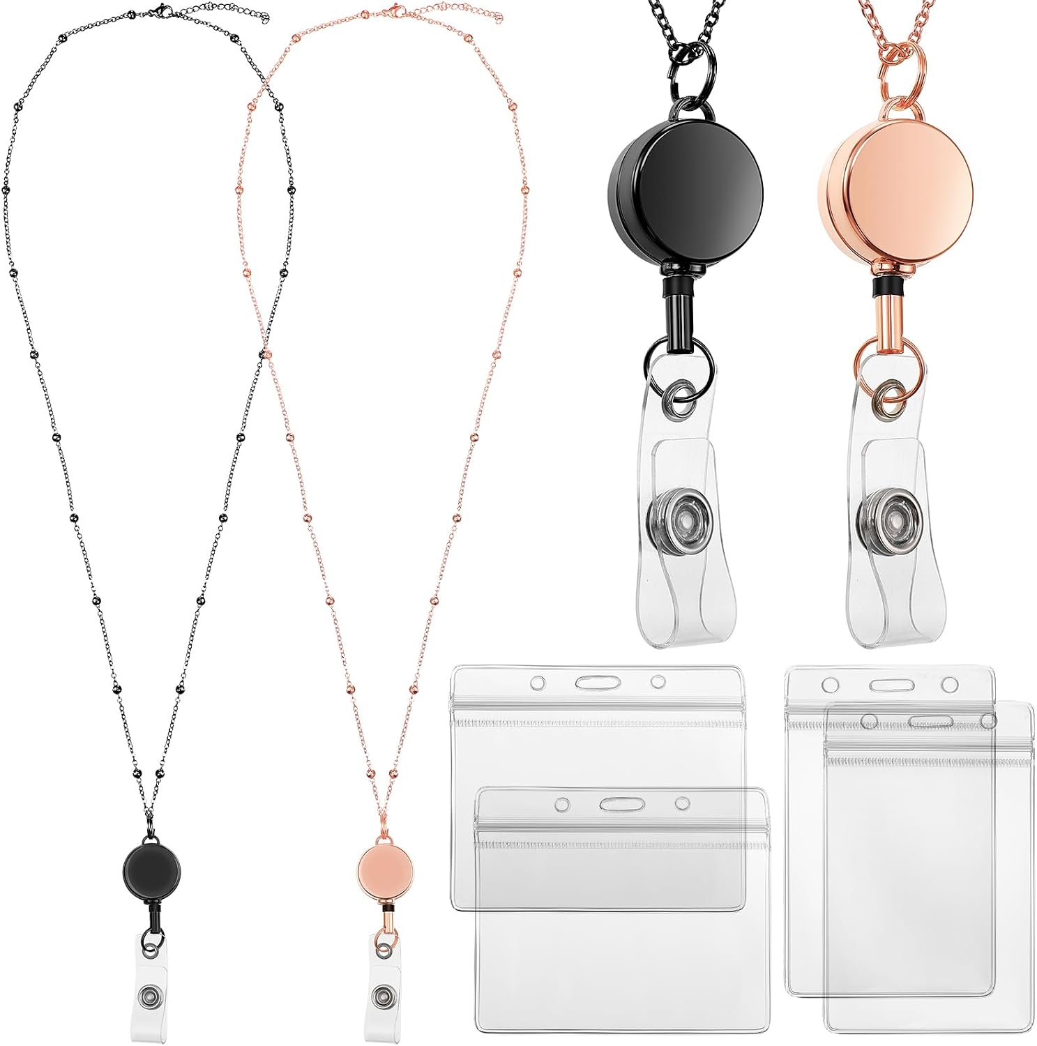 Outus 2 Pack Retractable Badge Lanyard with ID Holders, Rose Gold, Black