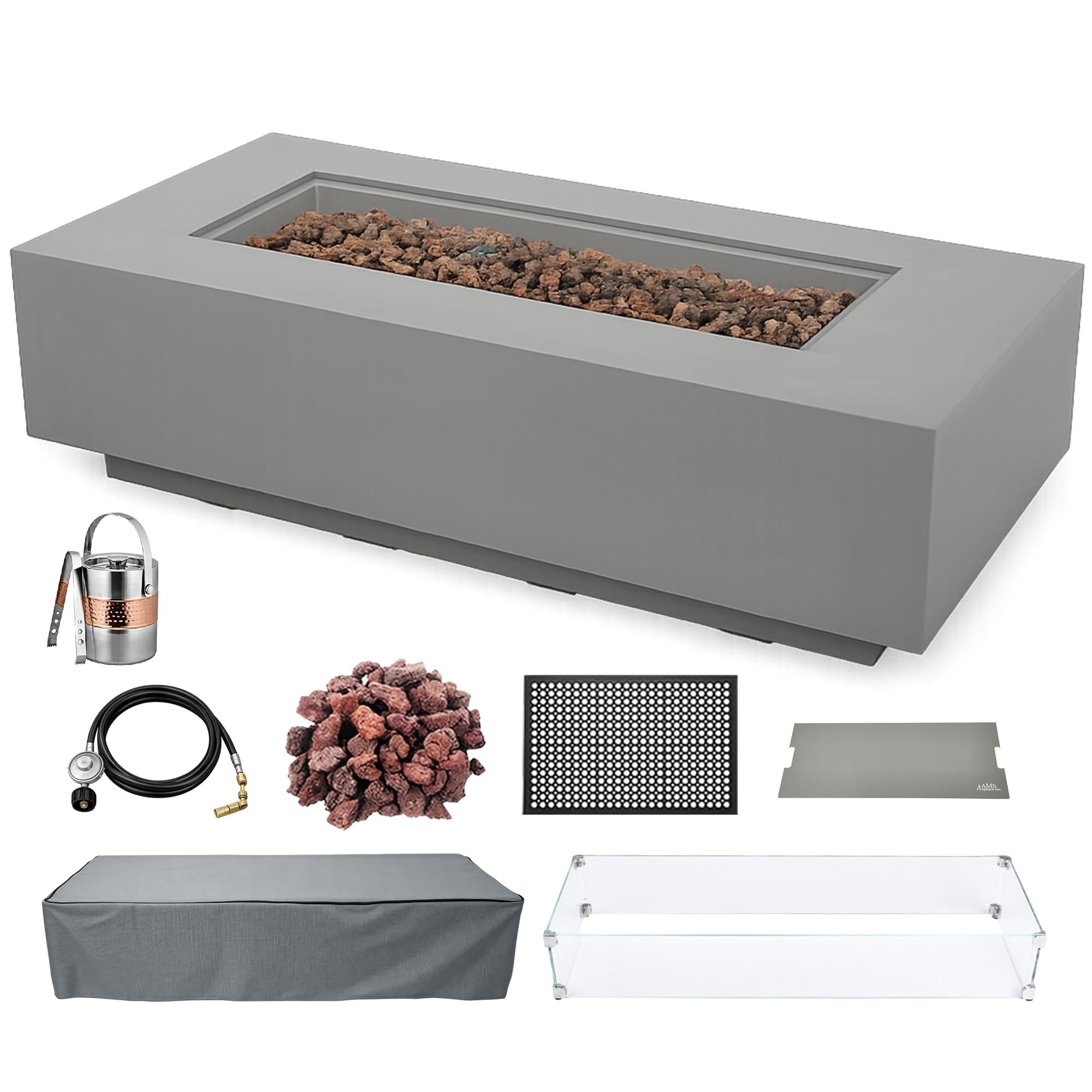 AMS 60" Rectangular Concrete Natural Gas Fire Pit Table Bundle (Light Gray)
