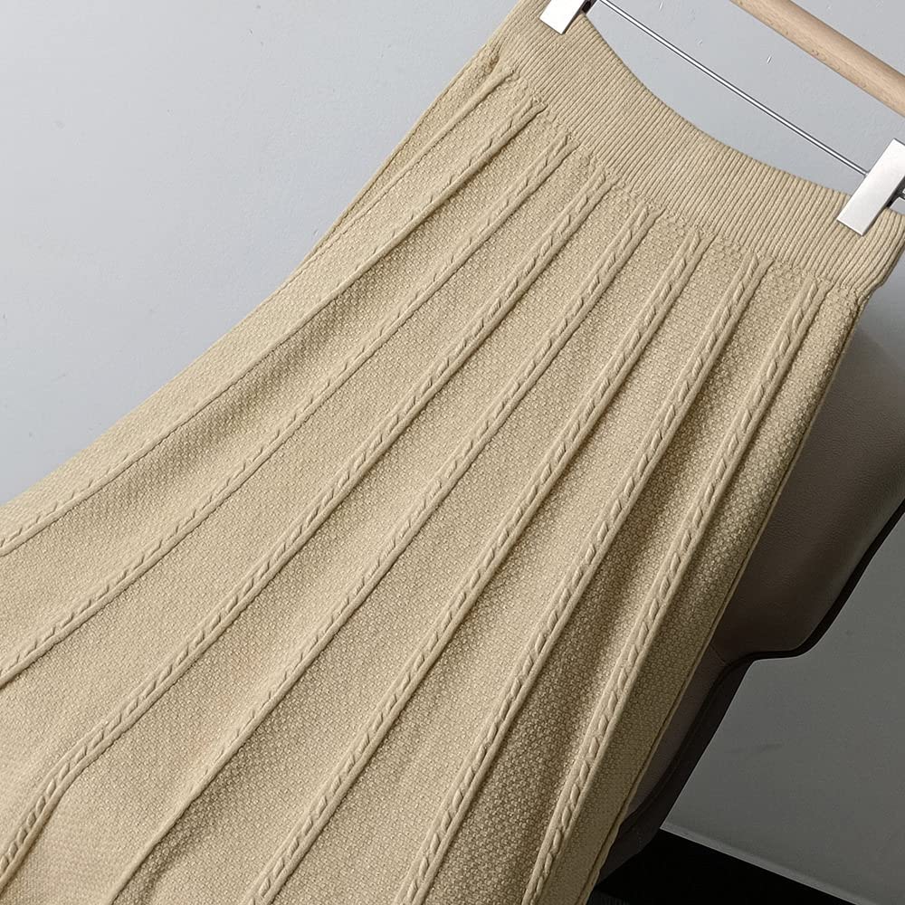 Damen Strickrock,Damen Midirock Gelb Elastic High Waist Vintage Jacquard Faltenrock Slim A-Line Swing Gerafft Herbst Winter Lange Röcke Für Mädchen Damen