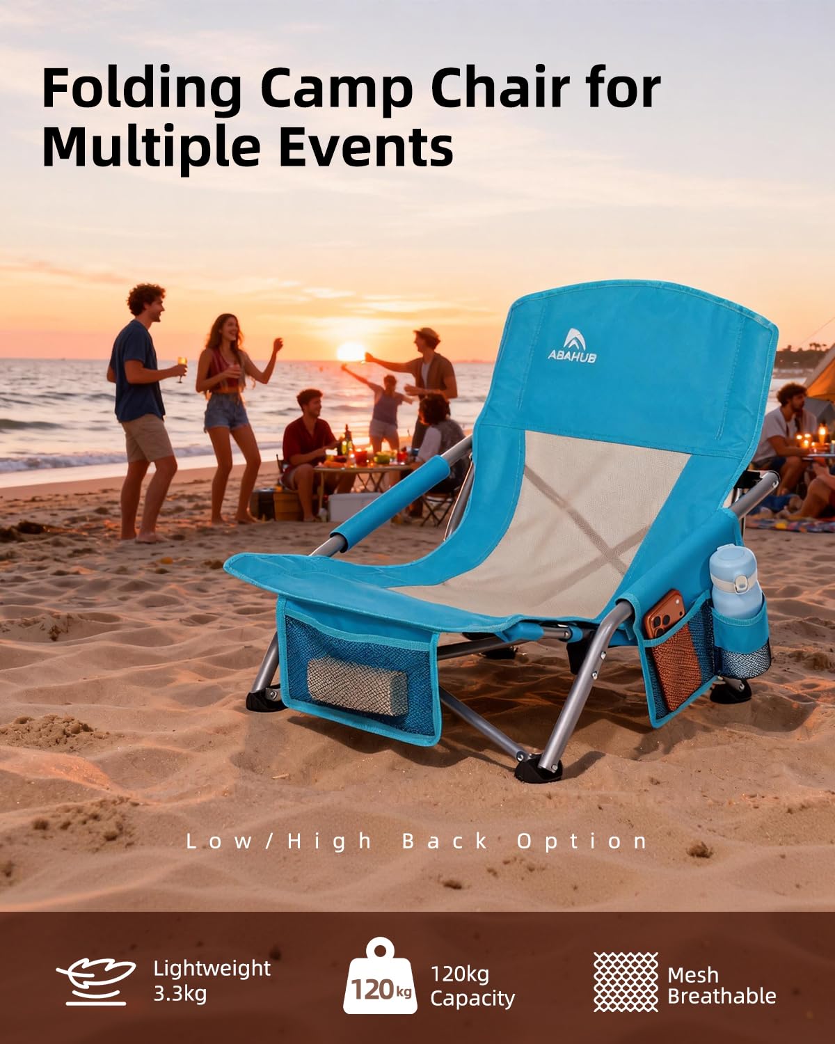 Abahub Chaise De Plage Pliable Basse Portable Legere Pliante 120Kg 2 Pièce | Aktive Chaise De Plage Pliante Ultra Légère Dossier Bas Sac De Transport Bleu