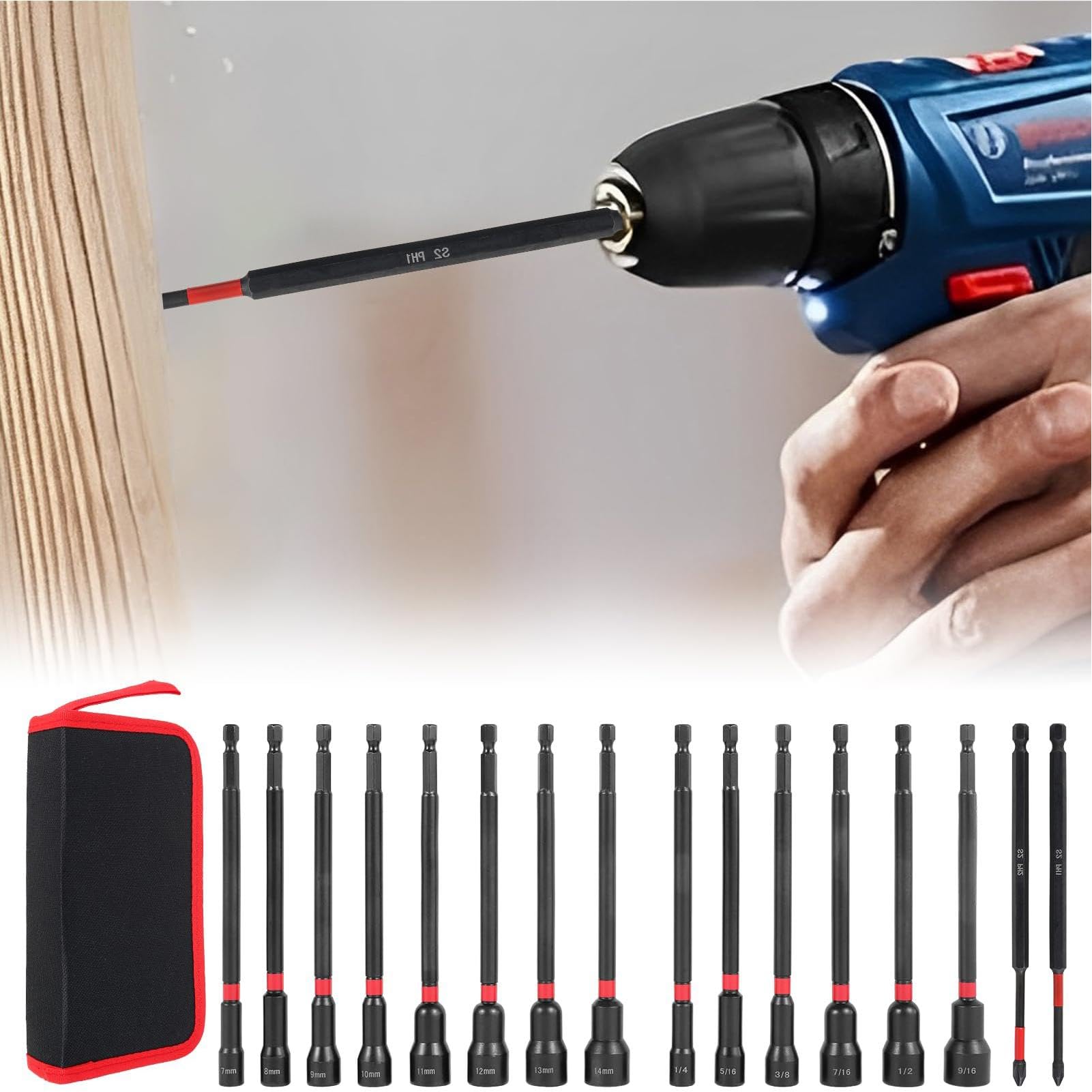 Set di tornidadi magnetici, set di giradadi metrici - Adattatori per presa | pilota magnetico | Trapano a stelo esagonale SAE e metrico da 1/4 pollici con borsa per trapano