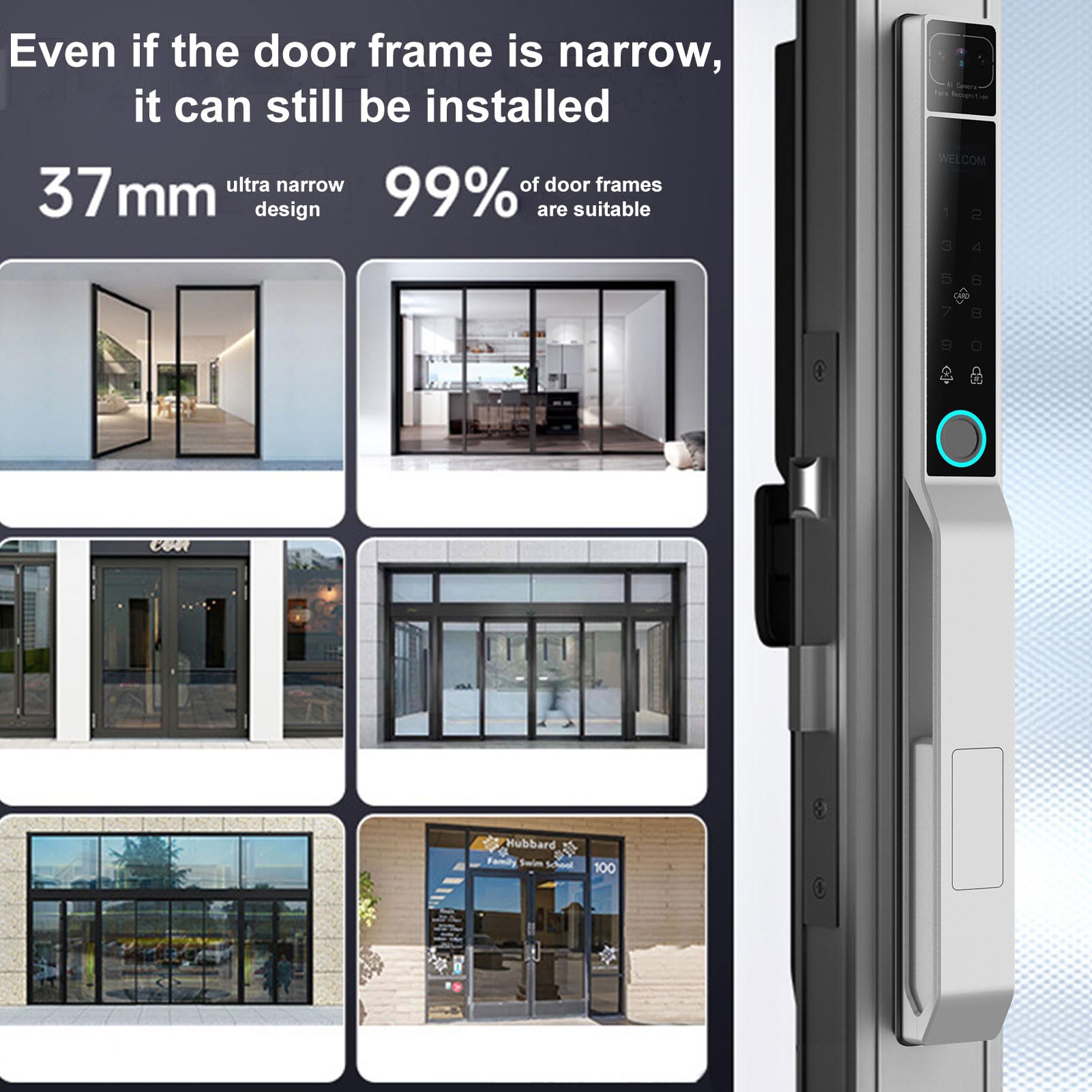 Smart Lock 2.4Ghz Wifi Senza Chiave di Ingresso Gestione Porte in Alluminio Applicazione Ty Ty per la Camera da Letto Ufficio Spessore 40-120 Mm (Argento)
